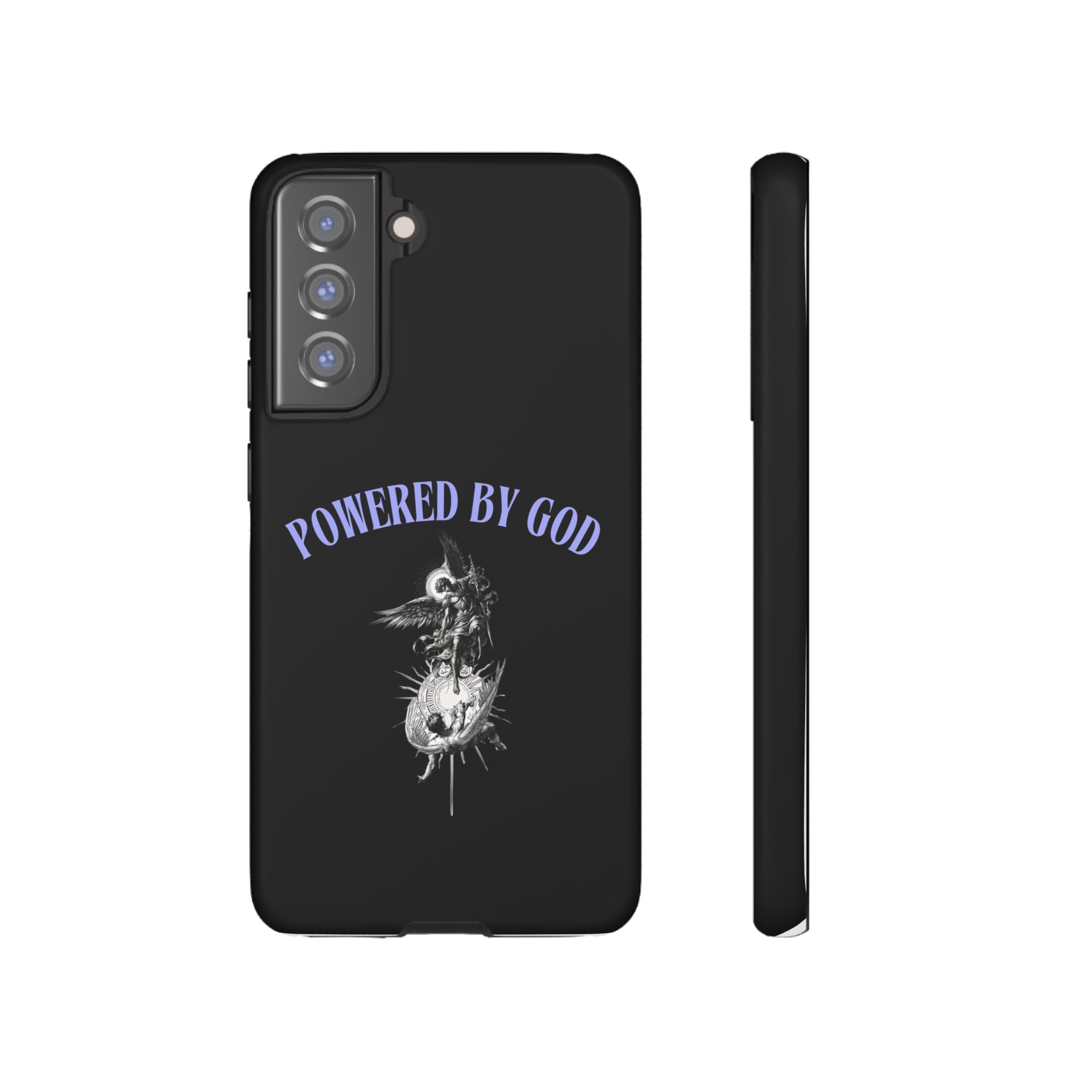 Phone Case — "Powered by God" Black Protective Case with Angelic Skull Design