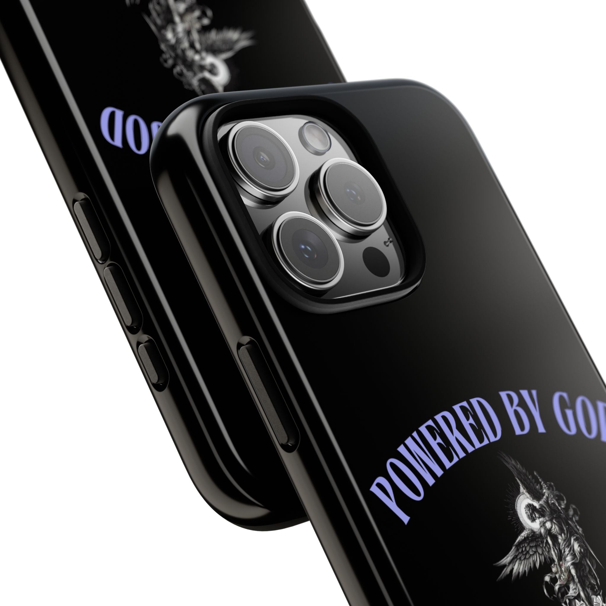 Phone Case — "Powered by God" Black Protective Case with Angelic Skull Design