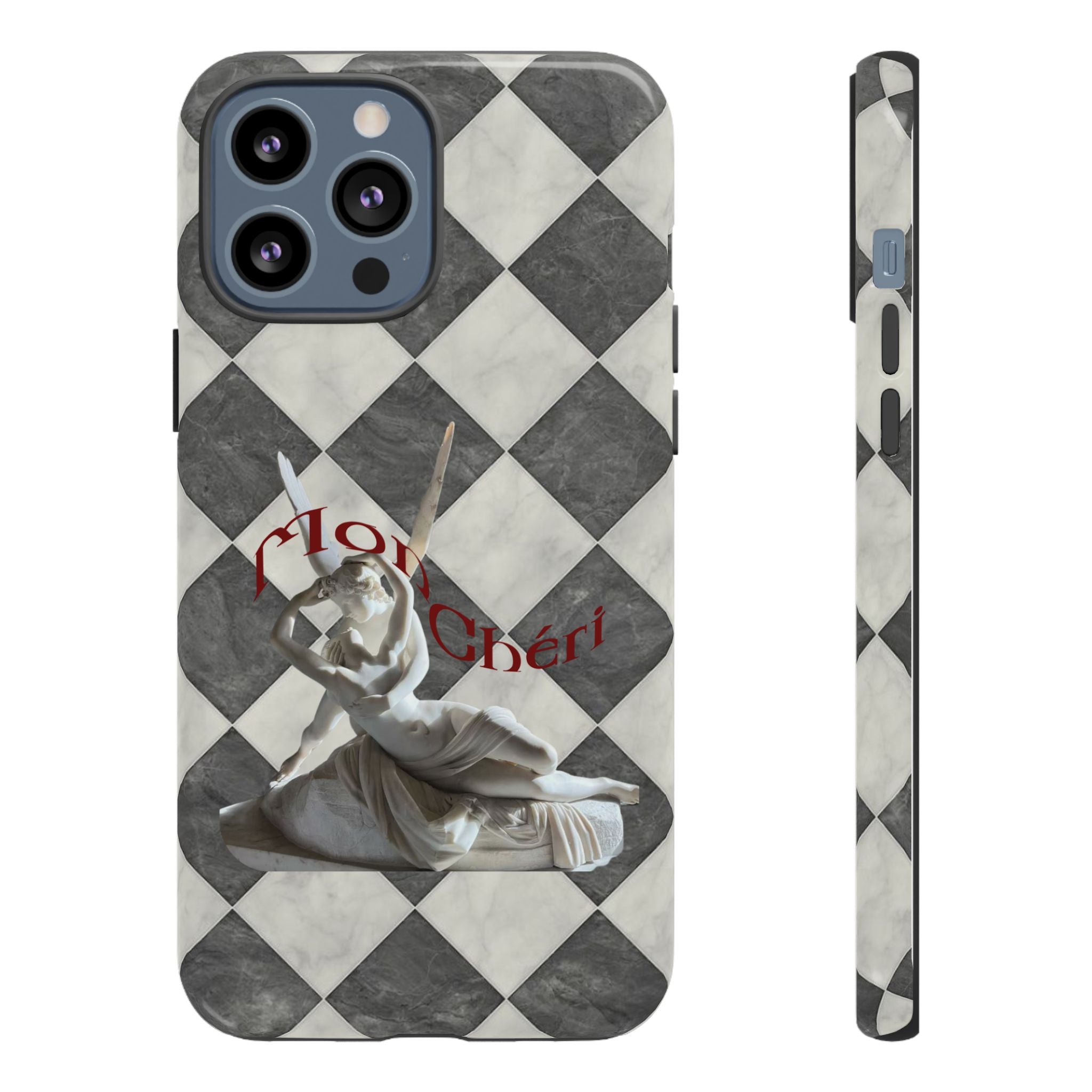 Phone Case — Vintage Harlequin Design with 'Mon Cheri' Statue Accent