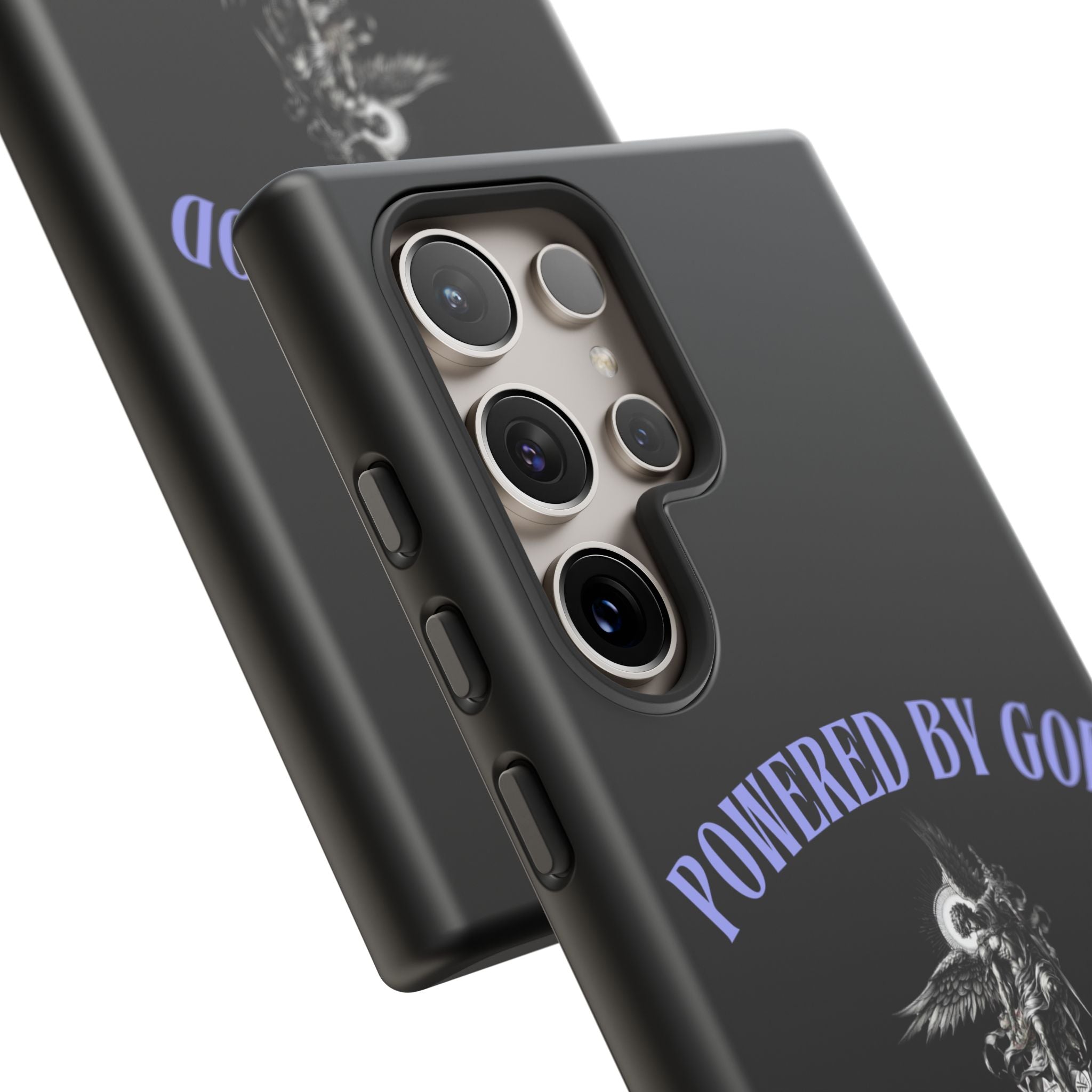 Phone Case — "Powered by God" Black Protective Case with Angelic Skull Design