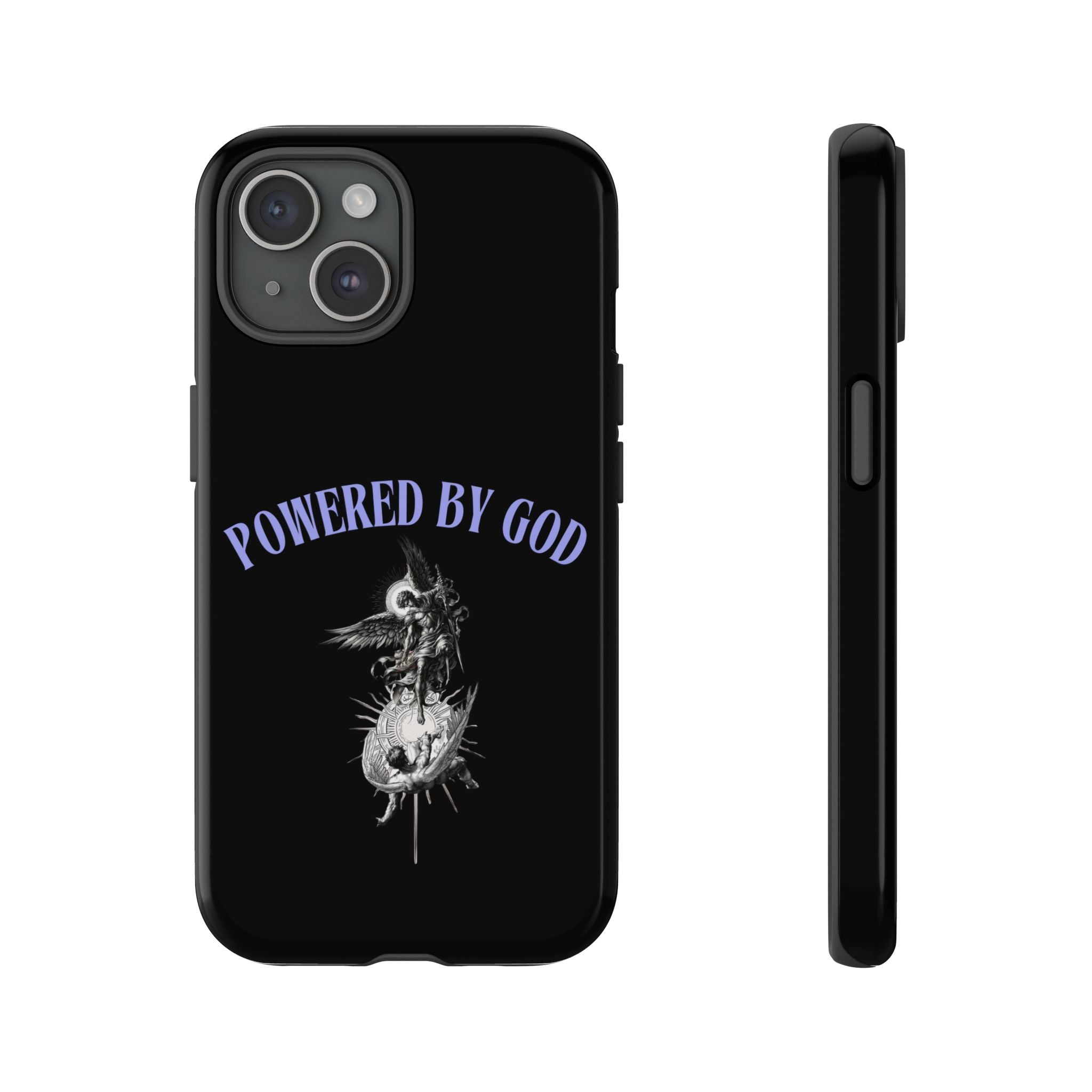 Phone Case — "Powered by God" Black Protective Case with Angelic Skull Design