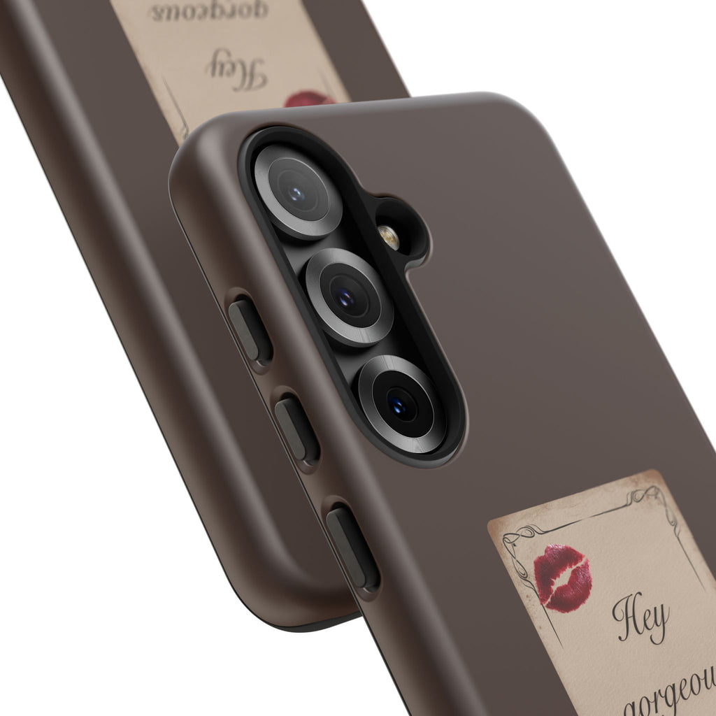 Hey Gorgeous Phone Case — Brown Lip Print & Shadow Hand Protective Cover