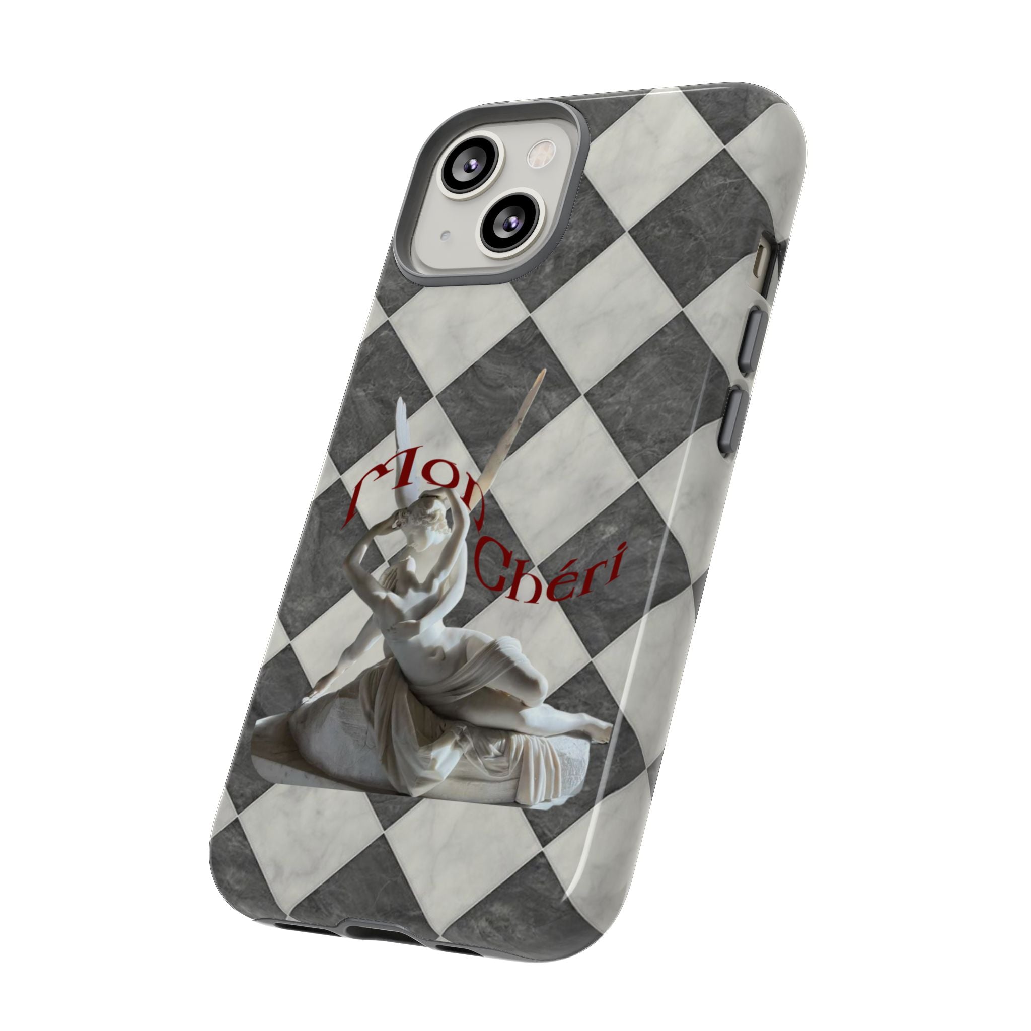 Phone Case — Vintage Harlequin Design with 'Mon Cheri' Statue Accent
