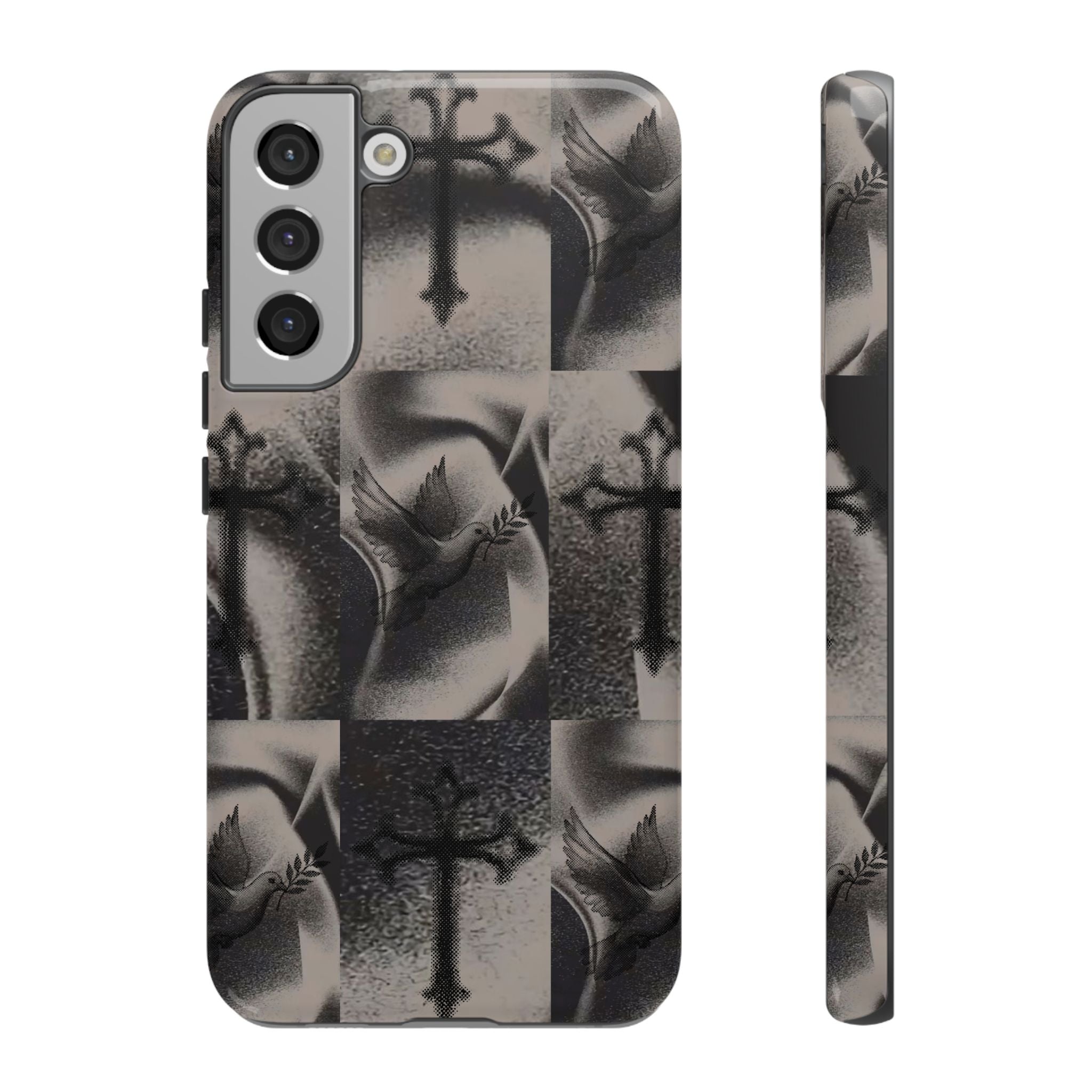 Gothic Cross & Dove Phone Case — Moody Checkerboard Protective Case