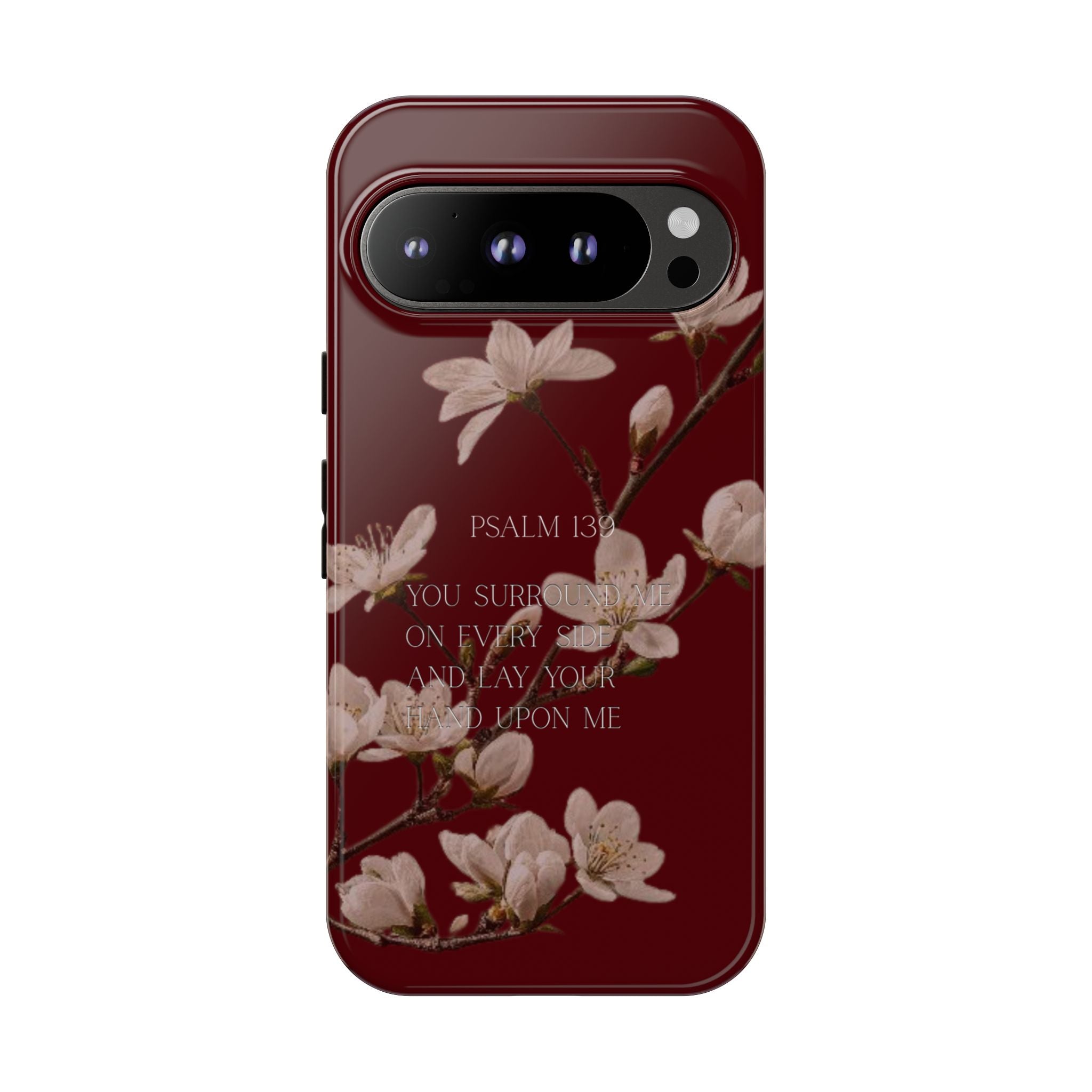 Floral Psalm Tough Phone Case — Burgundy Magnolia Branch with Psalm 139 Verse