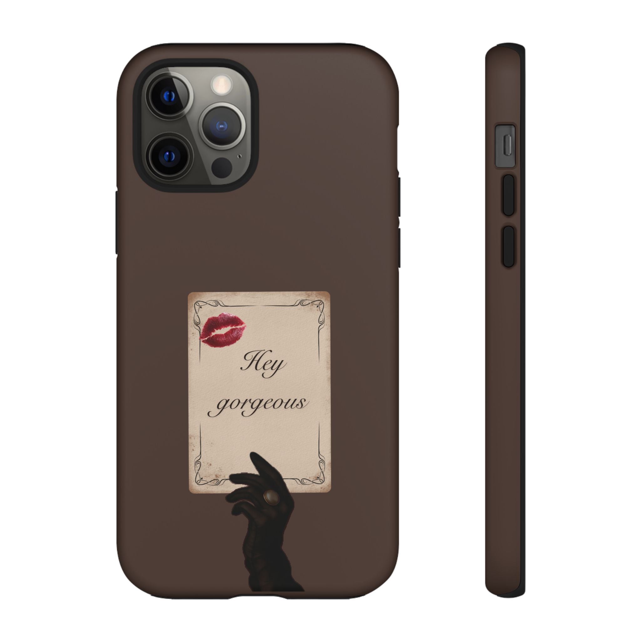 Hey Gorgeous Phone Case — Brown Lip Print & Shadow Hand Protective Cover