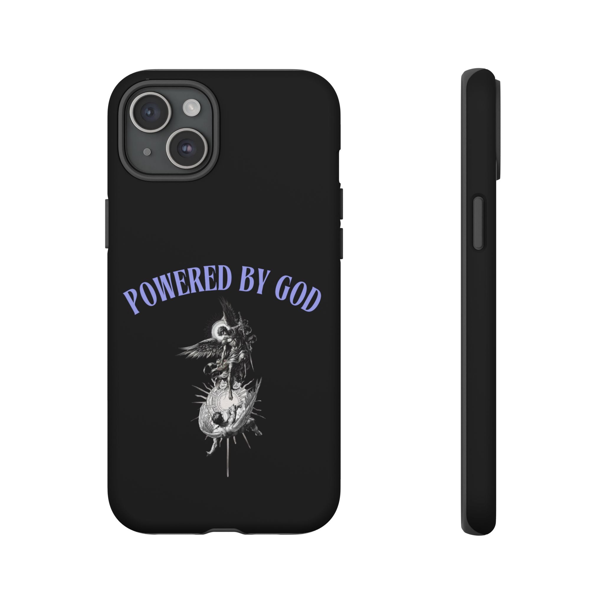 Phone Case — "Powered by God" Black Protective Case with Angelic Skull Design