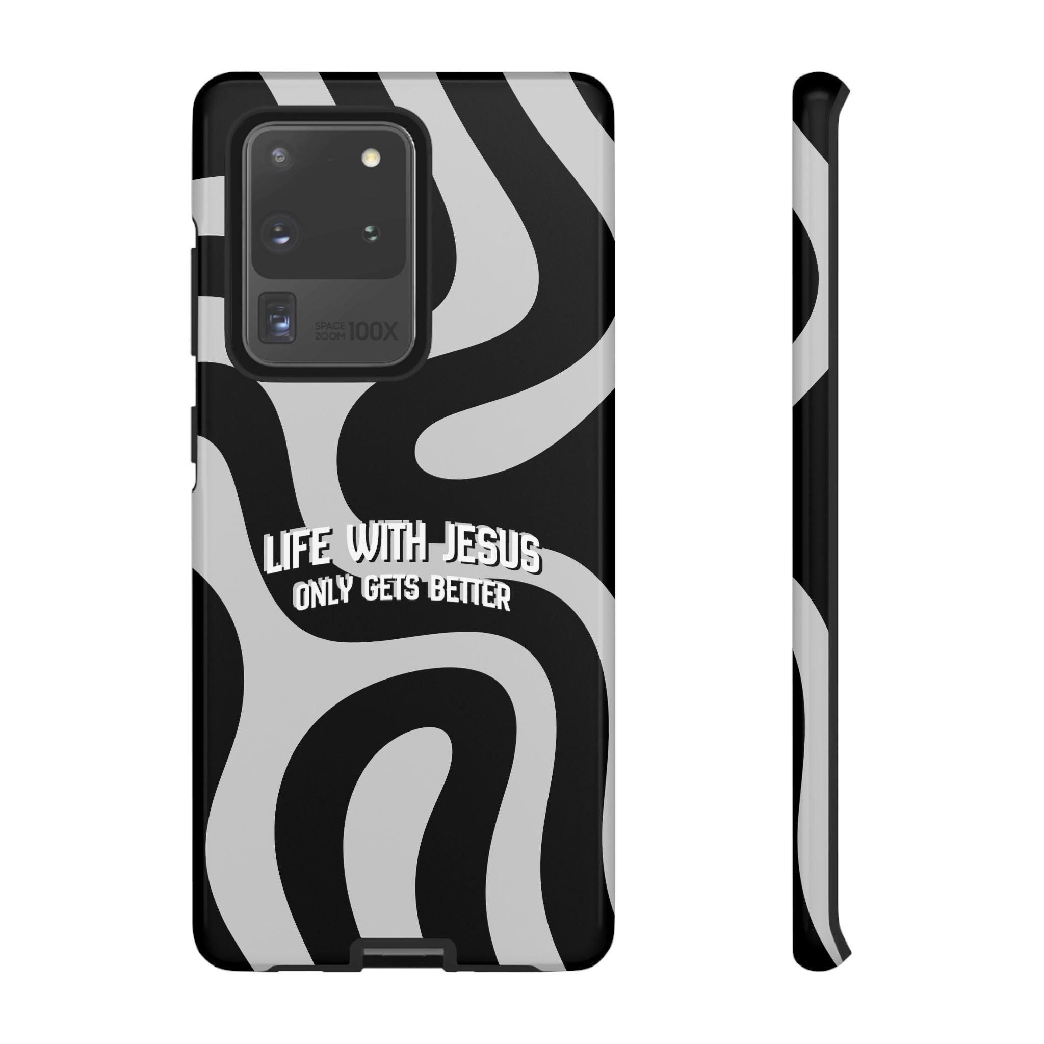 Christian iPhone Tough Case — "Life With Jesus Only Gets Better" Black & White Swirl Design