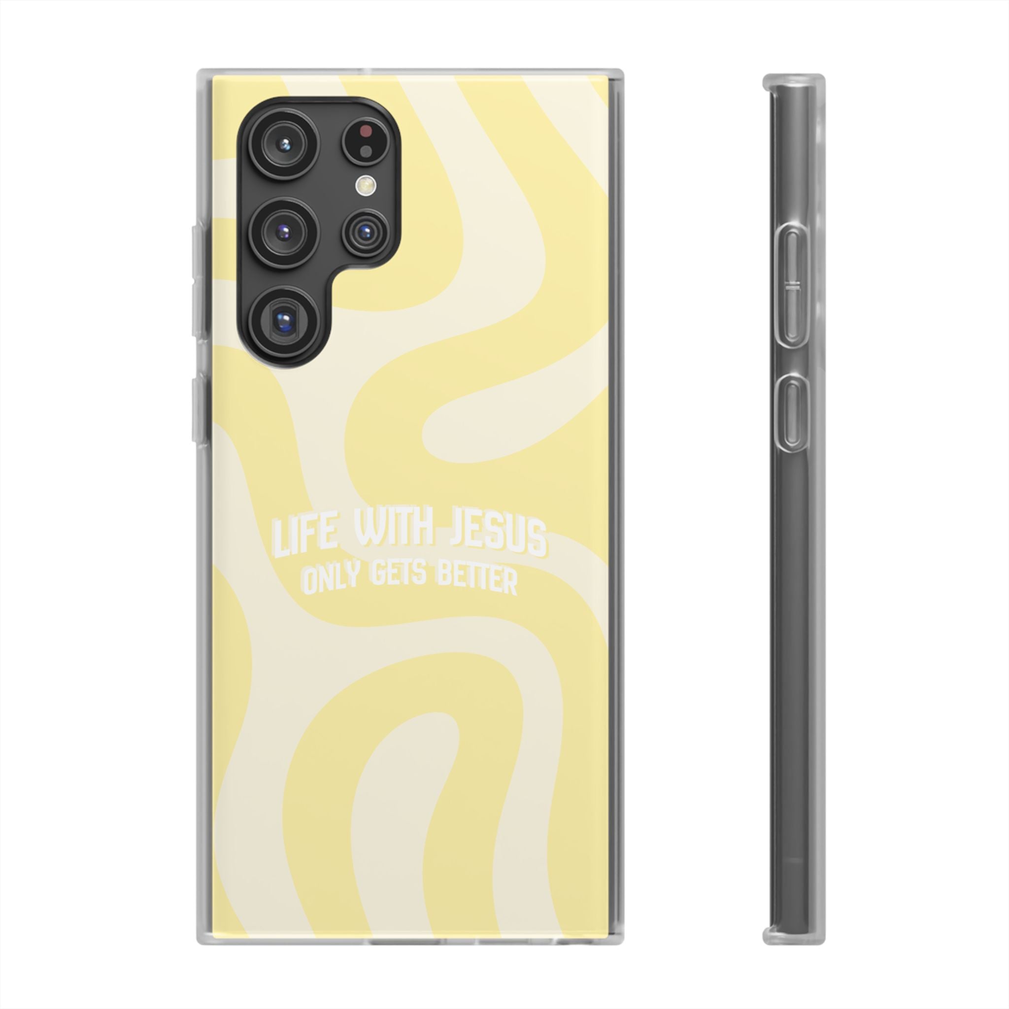 Christian Phone Case - "Life With Jesus Only Gets Better" Yellow Swirl Flexi Case