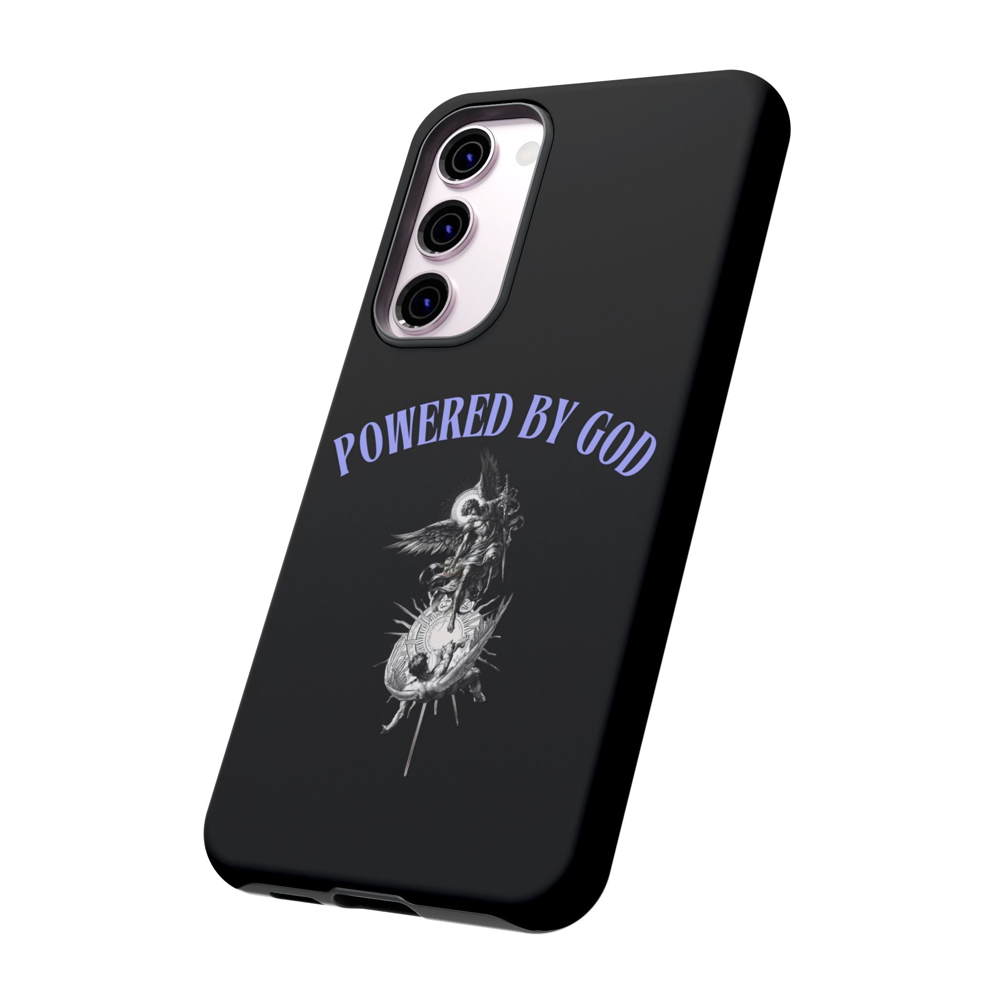 Phone Case — "Powered by God" Black Protective Case with Angelic Skull Design