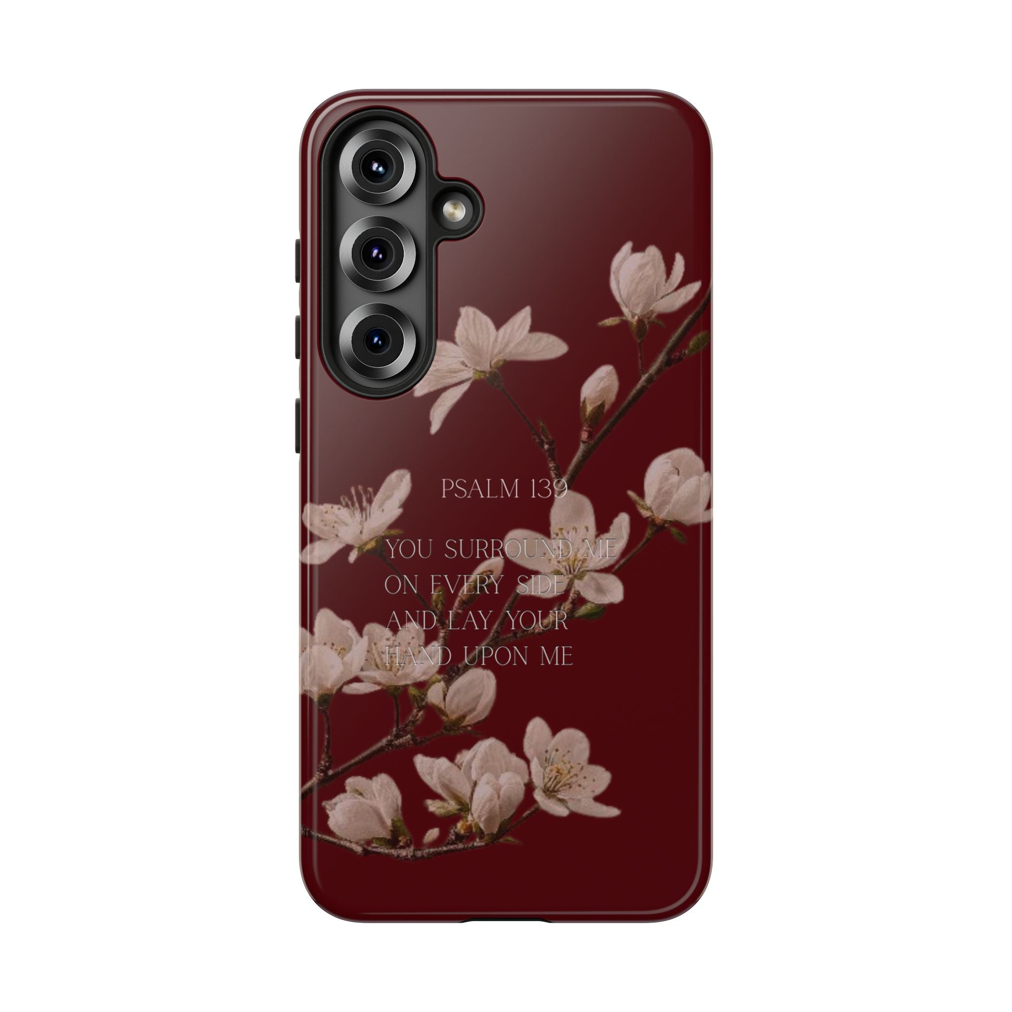 Floral Psalm Tough Phone Case — Burgundy Magnolia Branch with Psalm 139 Verse