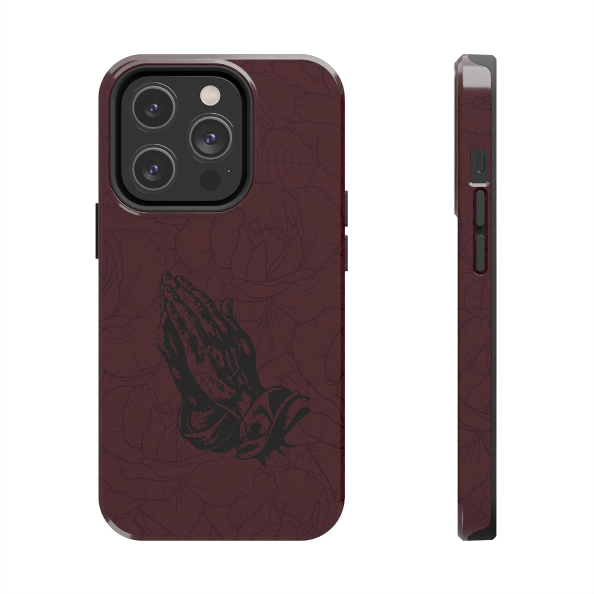 Burgundy Praying Hands Tough Phone Case – Floral Background, Religious Protective Cover