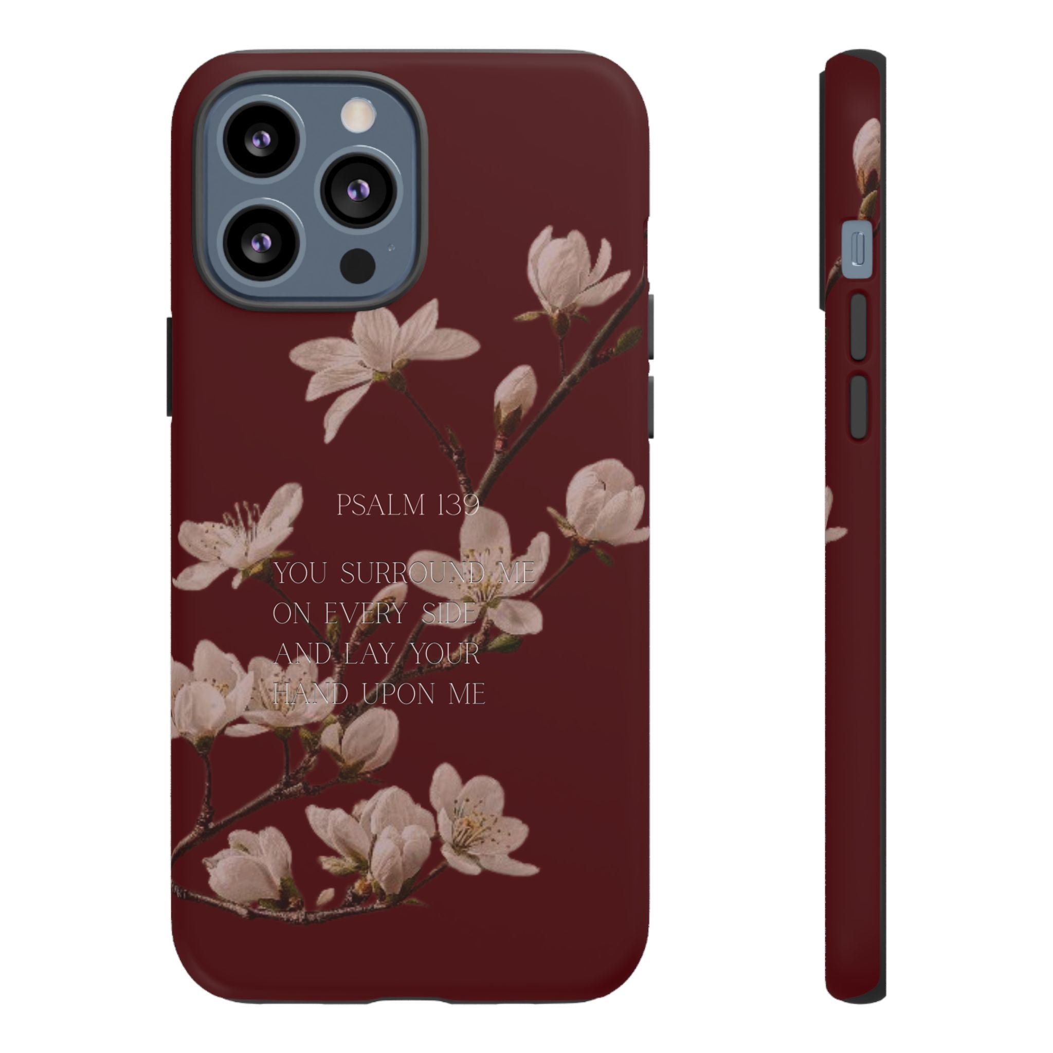 Floral Psalm Tough Phone Case — Burgundy Magnolia Branch with Psalm 139 Verse