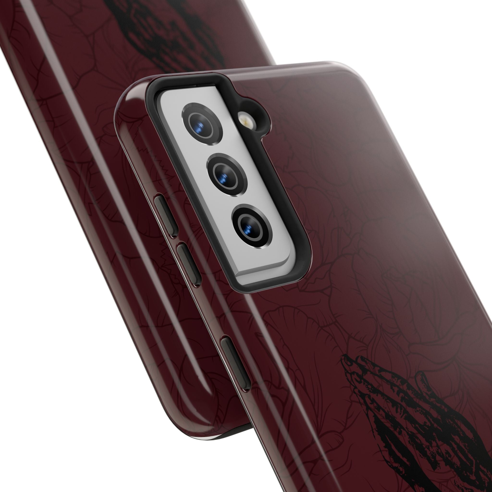 Burgundy Praying Hands Tough Phone Case – Floral Background, Religious Protective Cover