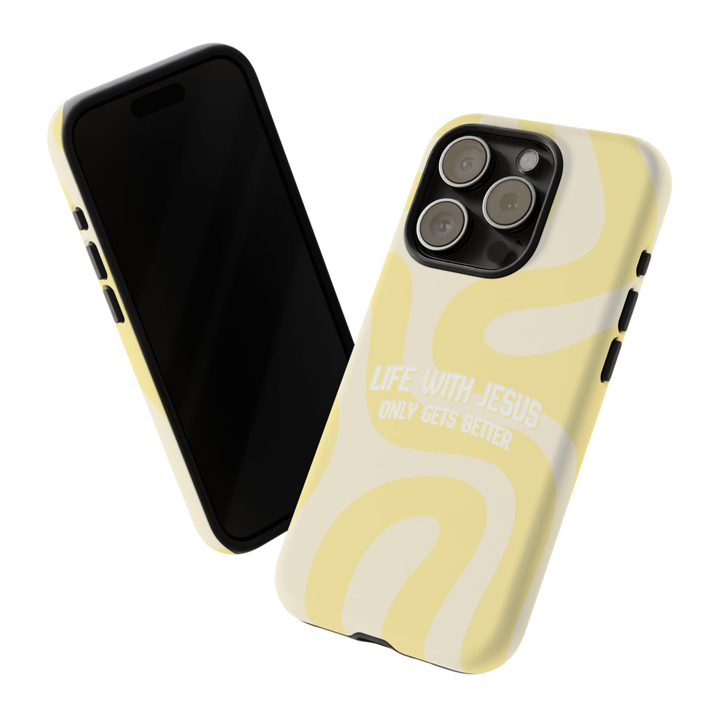 Yellow Swirl Phone Case - "Life With Jesus Only Gets Better" Christian iPhone Cover Tough Case