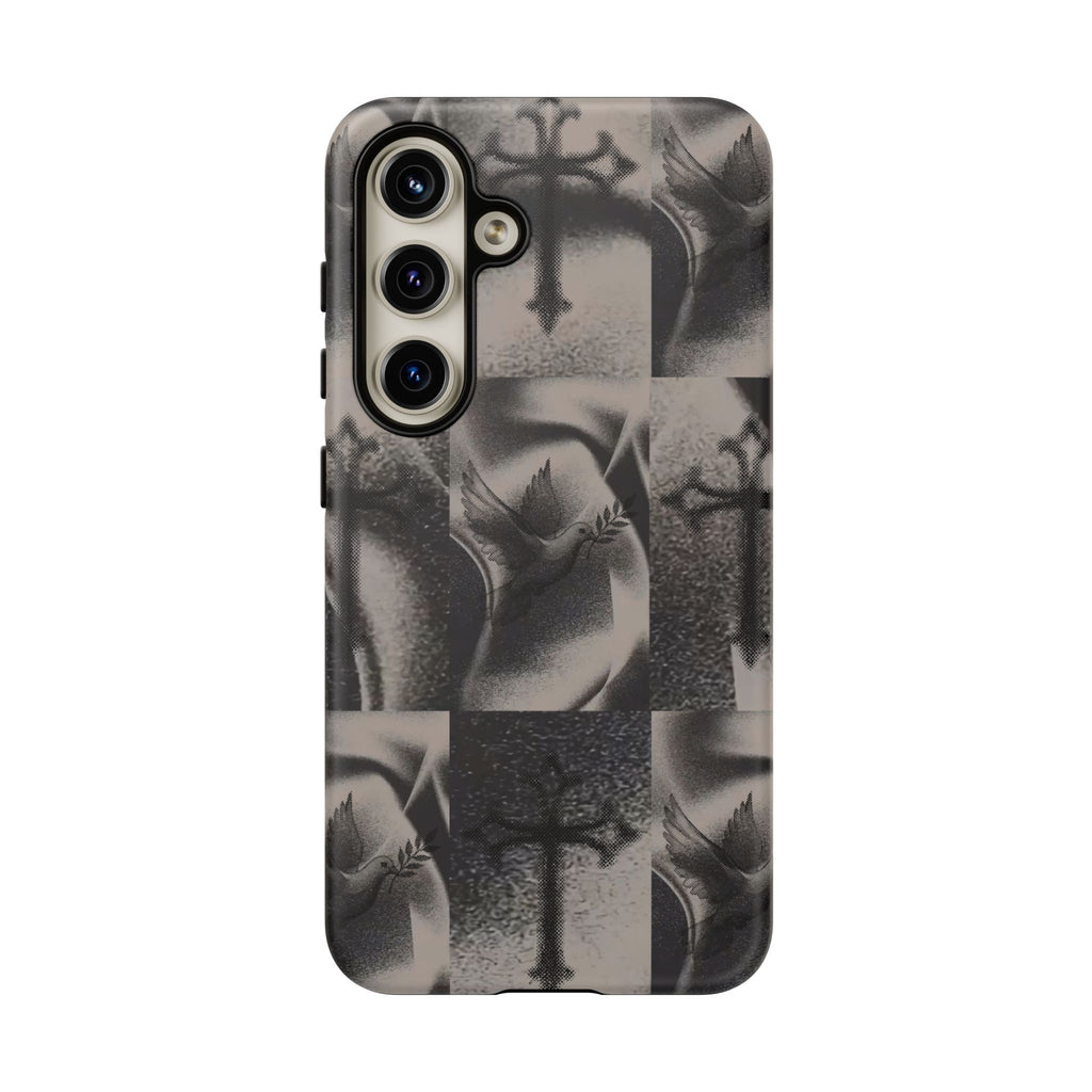 Gothic Cross & Dove Phone Case — Moody Checkerboard Protective Case