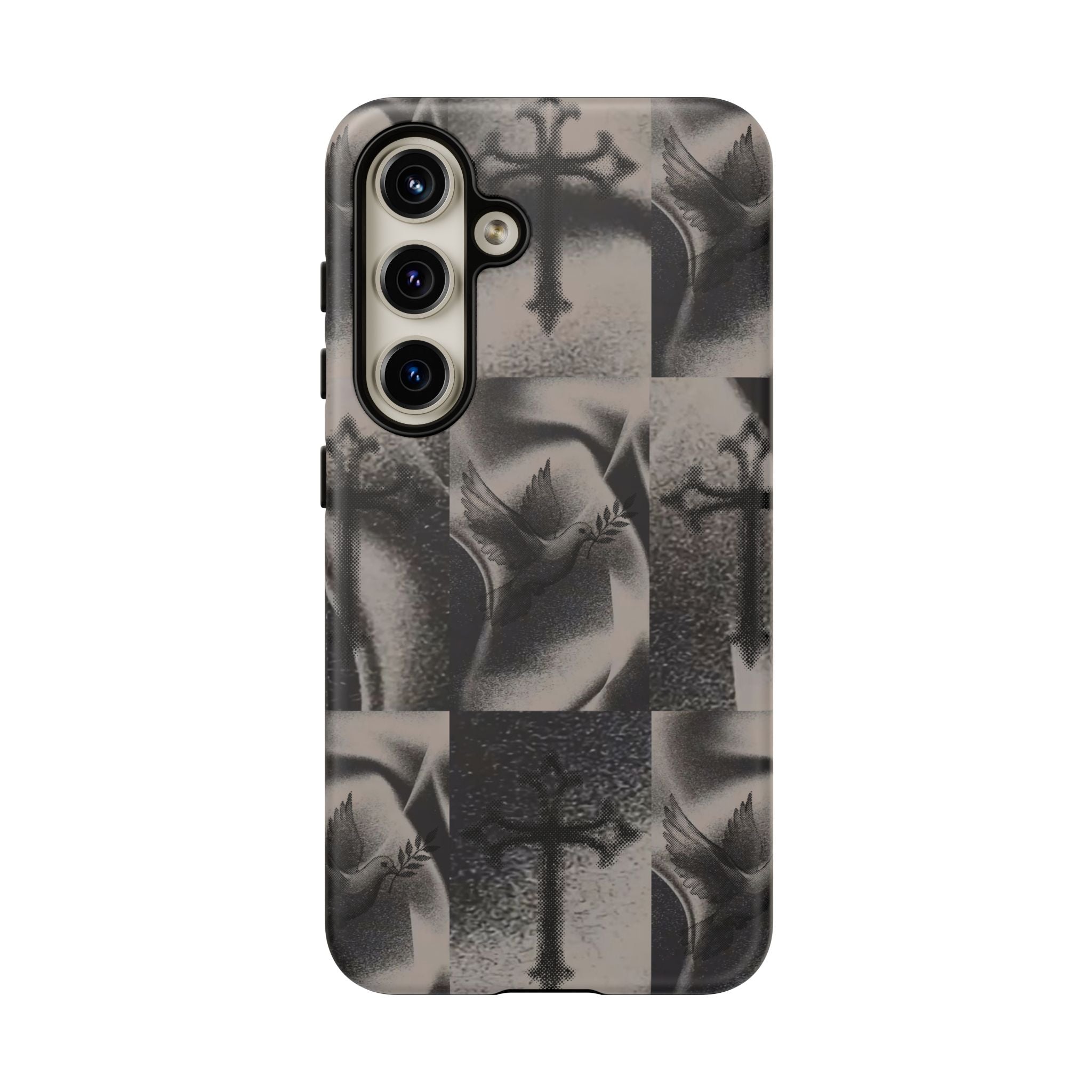 Gothic Cross & Dove Phone Case — Moody Checkerboard Protective Case