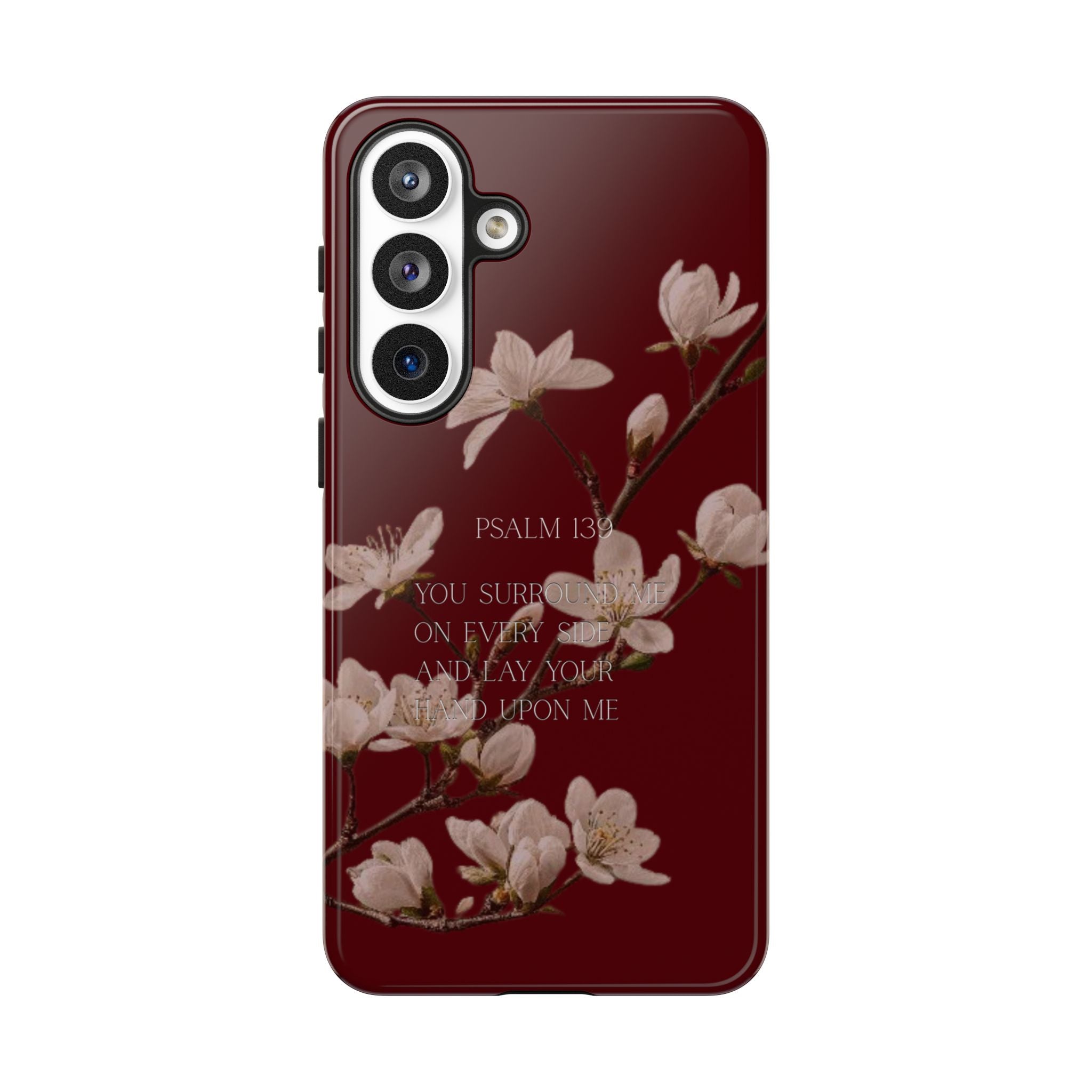 Floral Psalm Tough Phone Case — Burgundy Magnolia Branch with Psalm 139 Verse