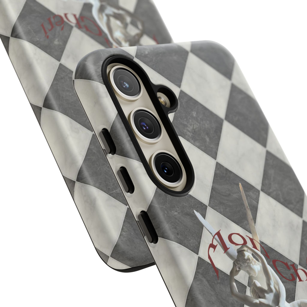 Phone Case — Vintage Harlequin Design with 'Mon Cheri' Statue Accent