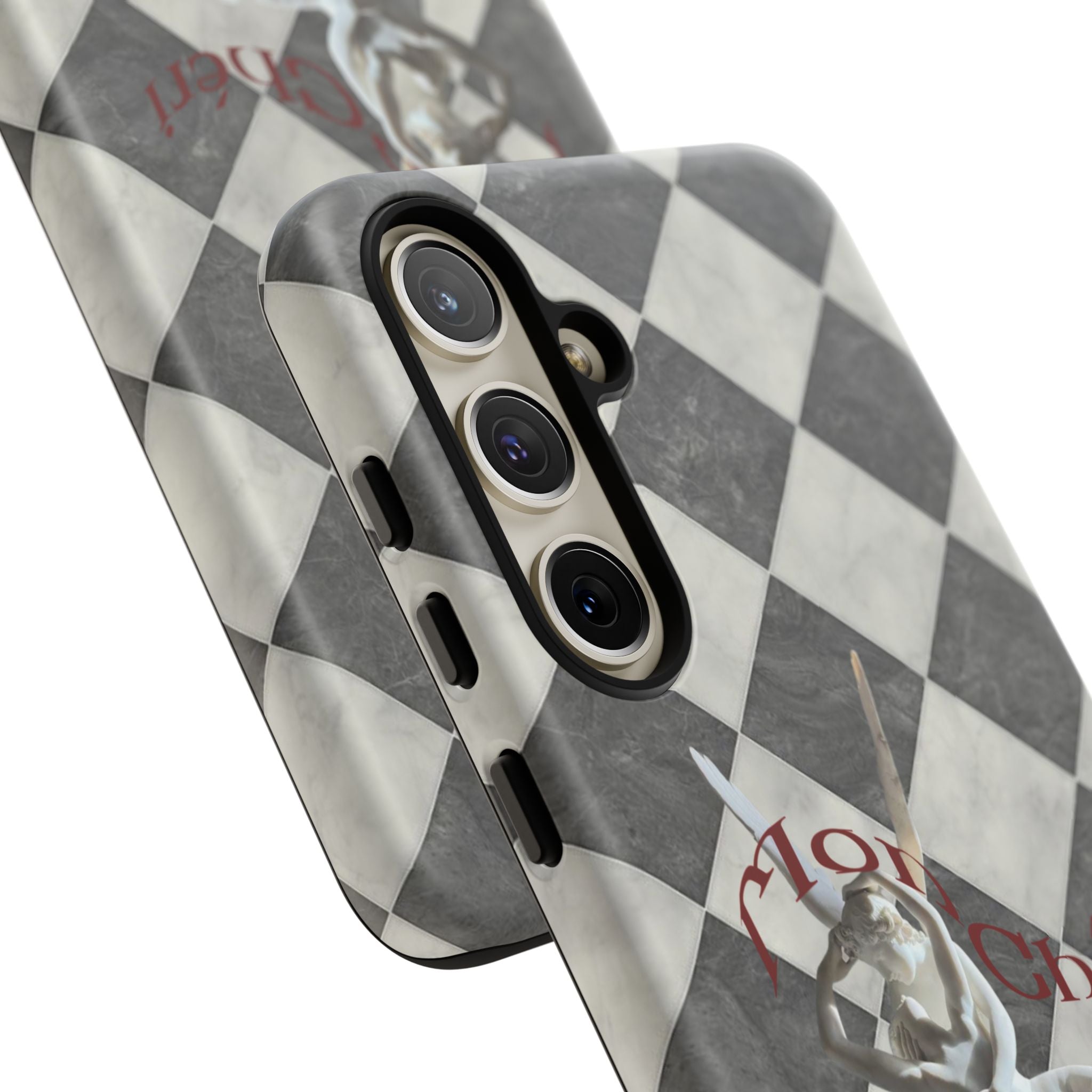 Phone Case — Vintage Harlequin Design with 'Mon Cheri' Statue Accent
