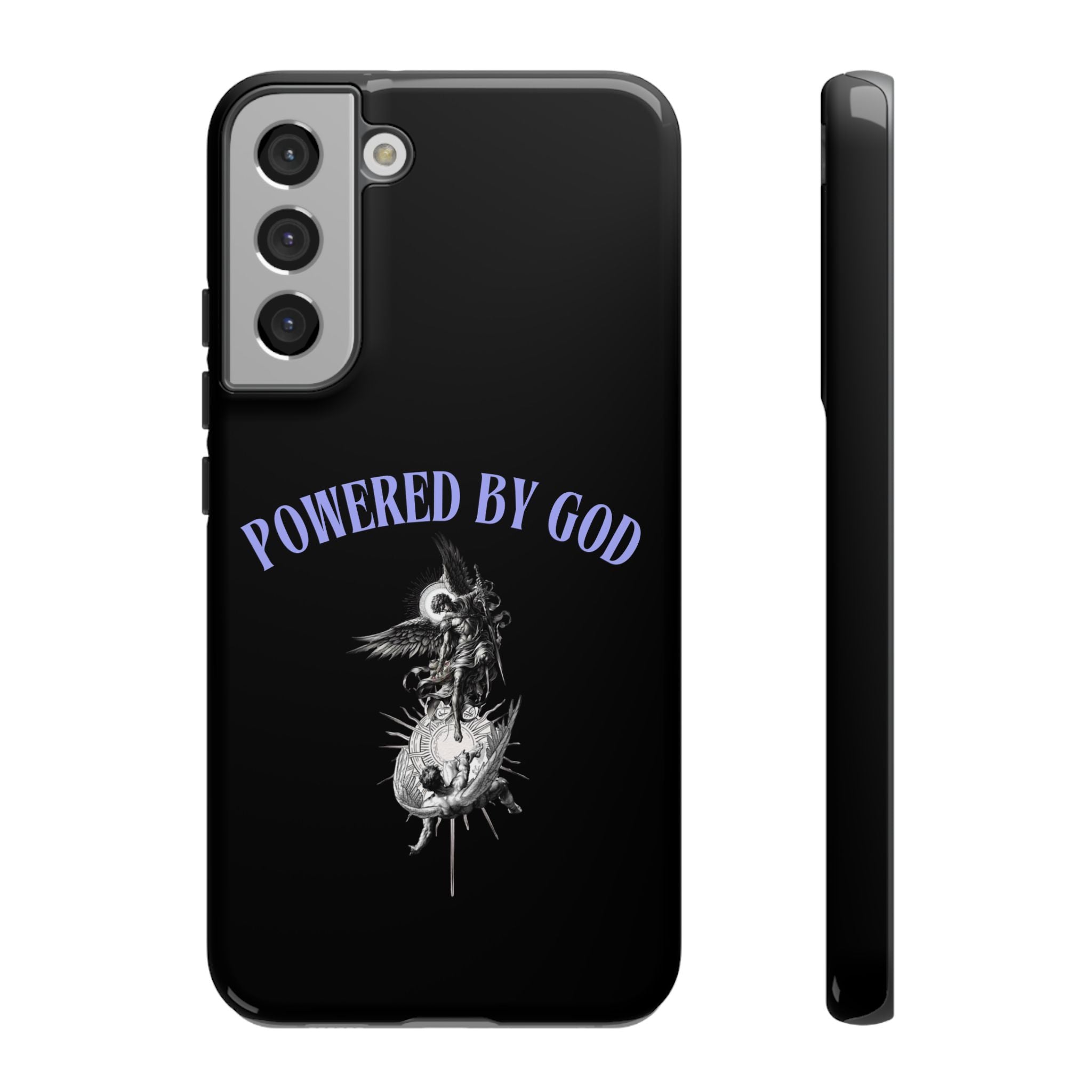 Phone Case — "Powered by God" Black Protective Case with Angelic Skull Design