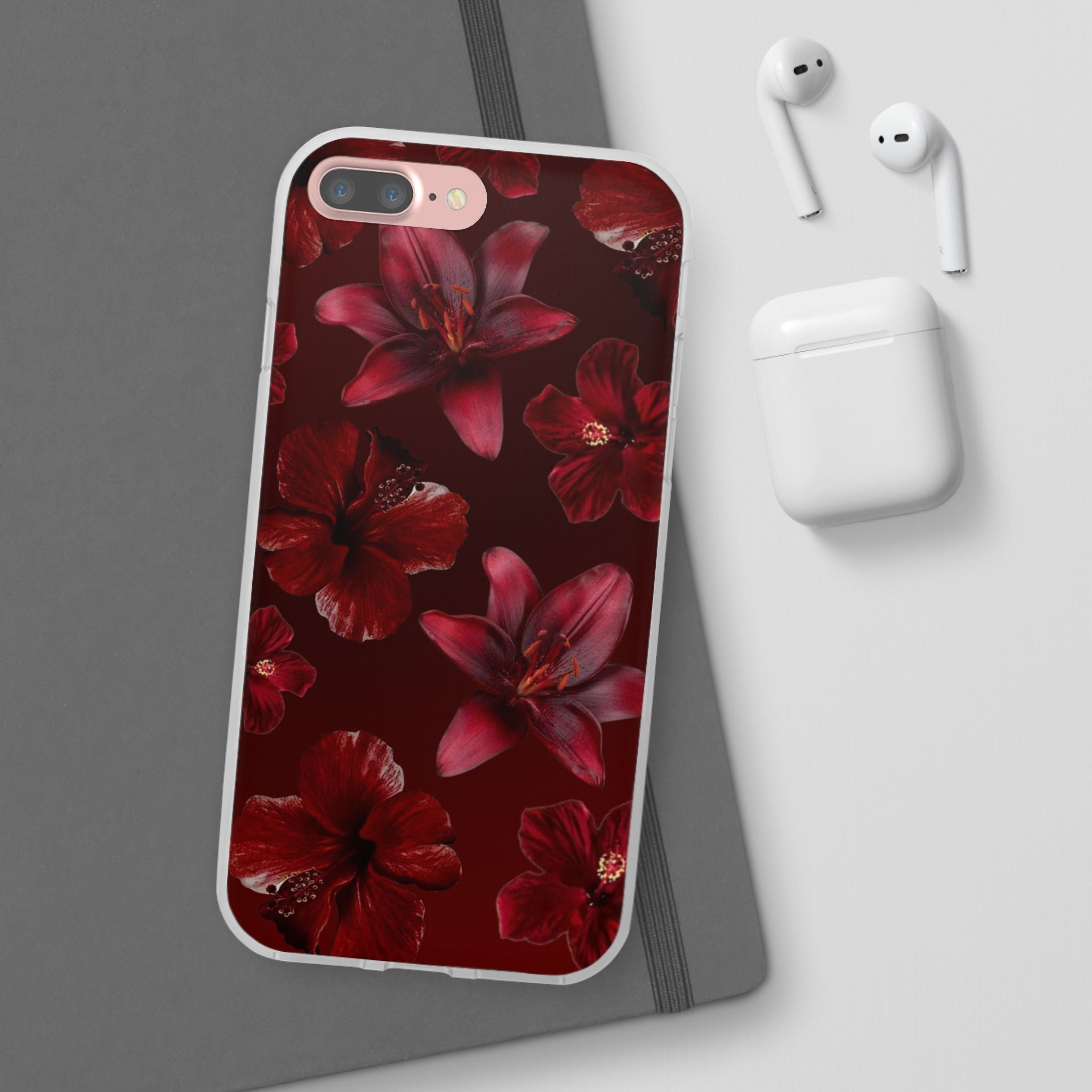 Red Floral Flexi Phone Case – Dark Burgundy Lily Pattern