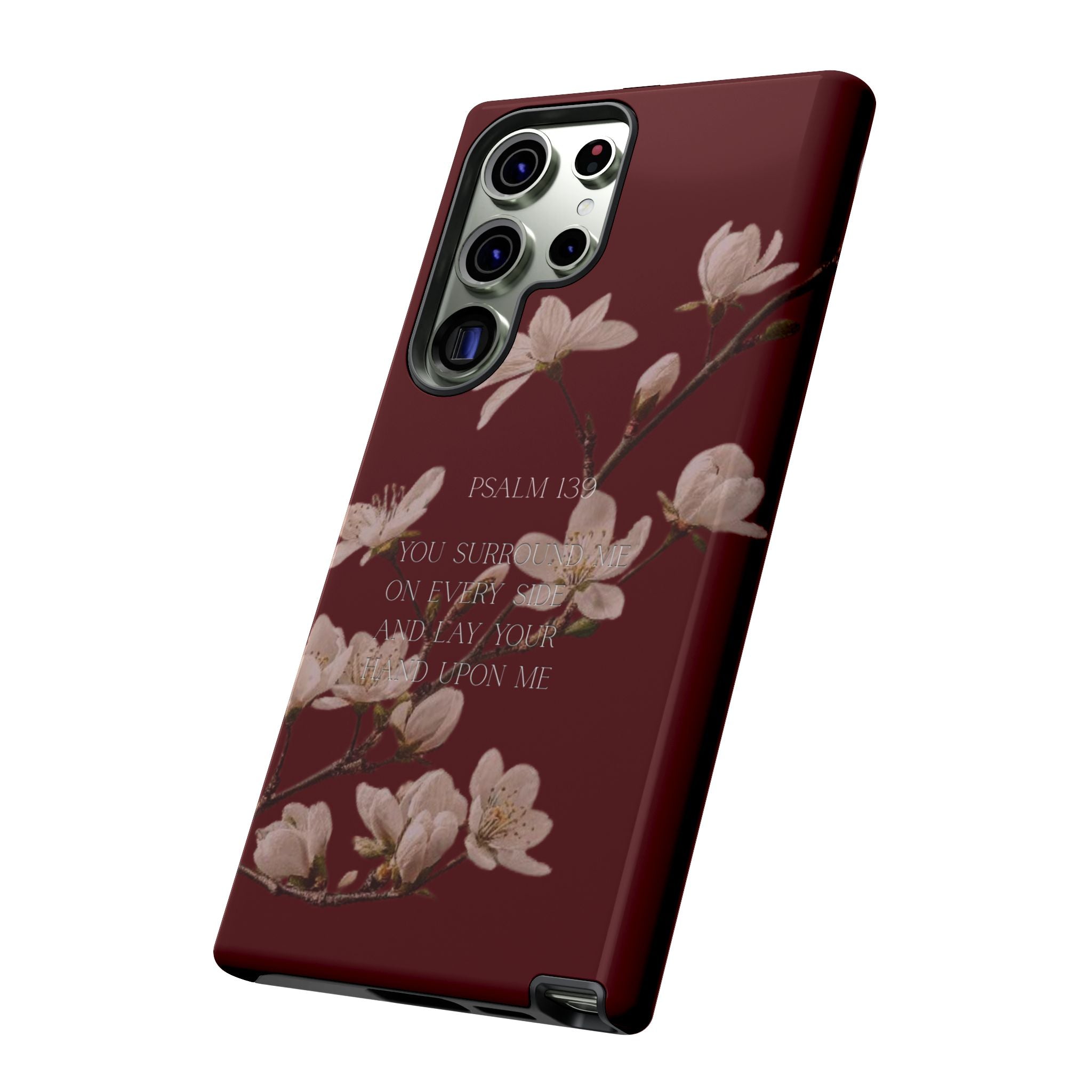 Floral Psalm Tough Phone Case — Burgundy Magnolia Branch with Psalm 139 Verse