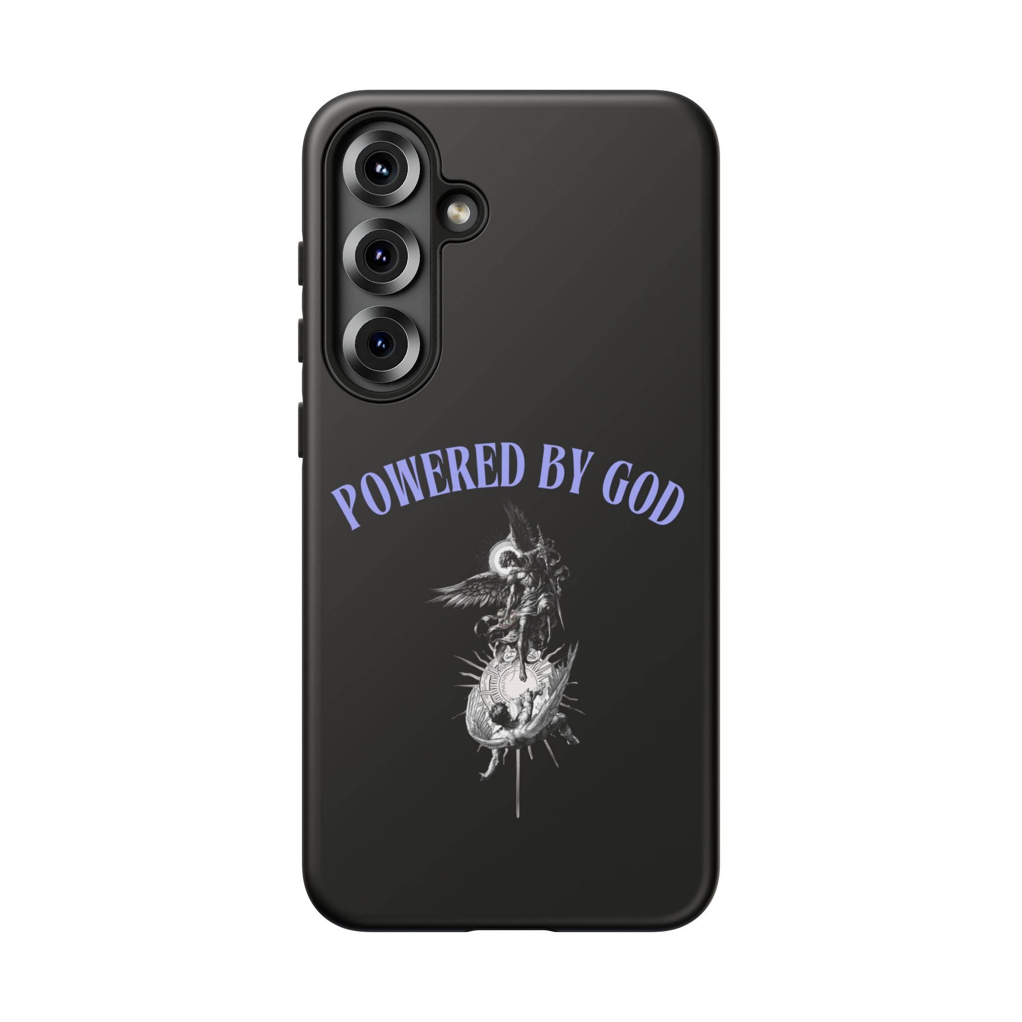 Phone Case — "Powered by God" Black Protective Case with Angelic Skull Design