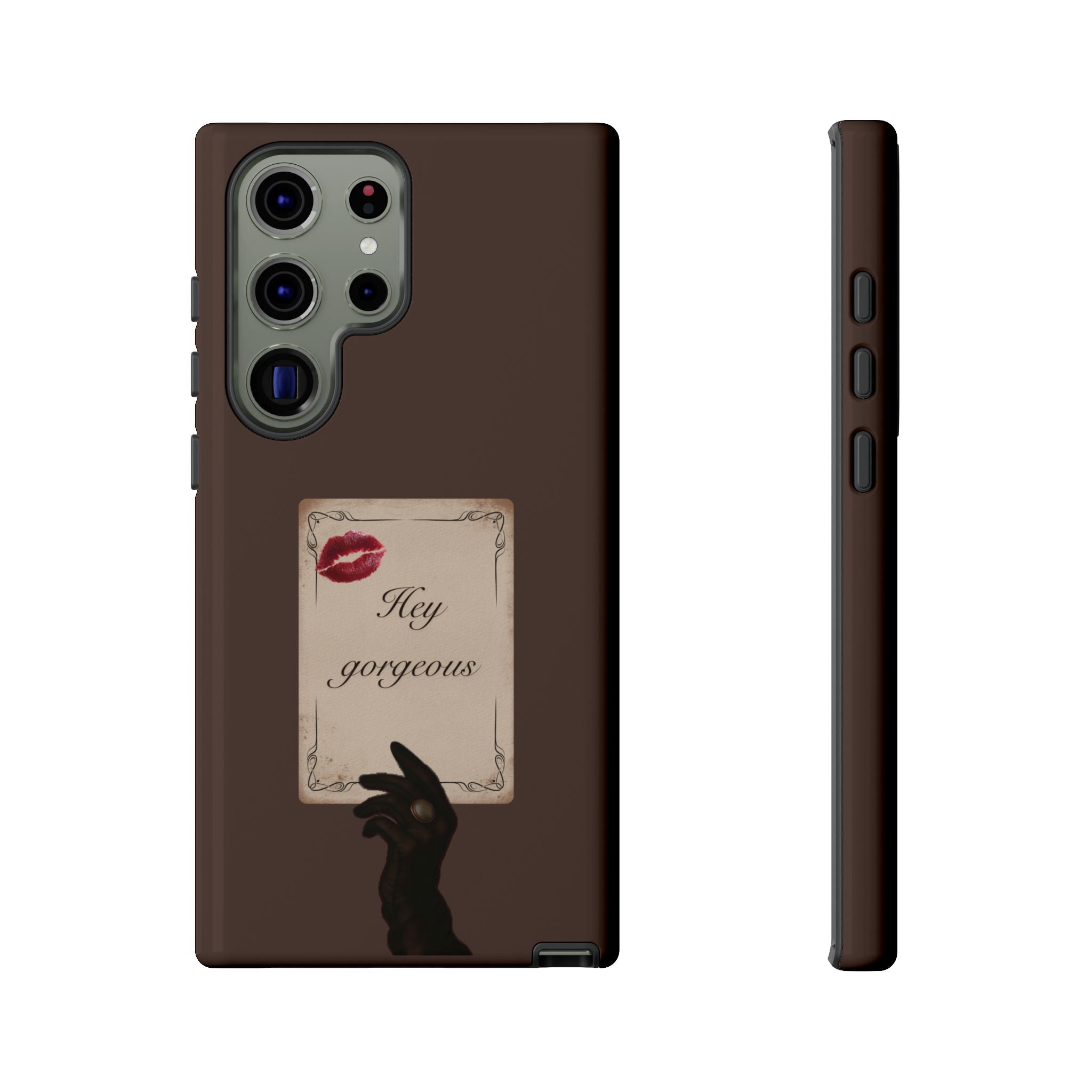 Hey Gorgeous Phone Case — Brown Lip Print & Shadow Hand Protective Cover