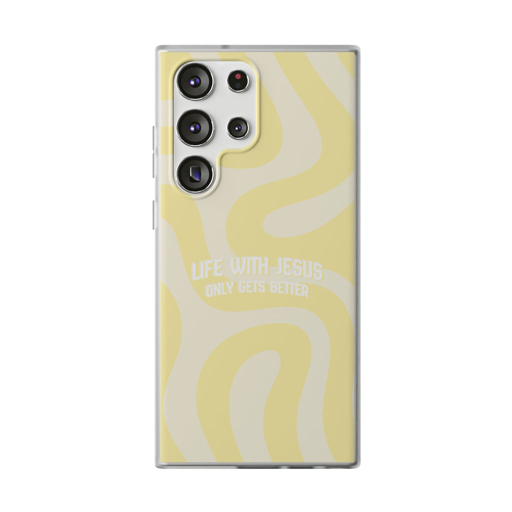 Christian Phone Case - "Life With Jesus Only Gets Better" Yellow Swirl Flexi Case