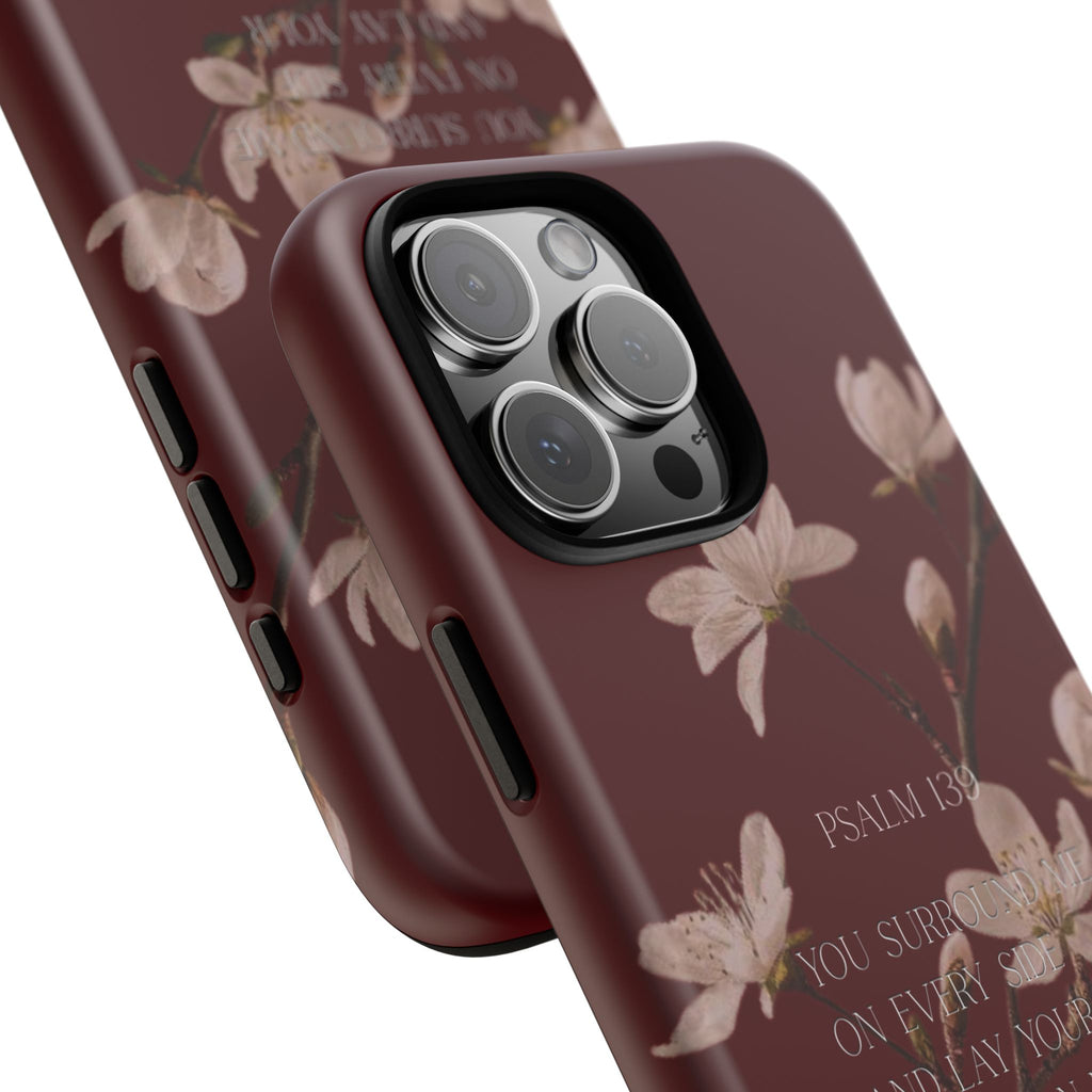 Floral Psalm Tough Phone Case — Burgundy Magnolia Branch with Psalm 139 Verse