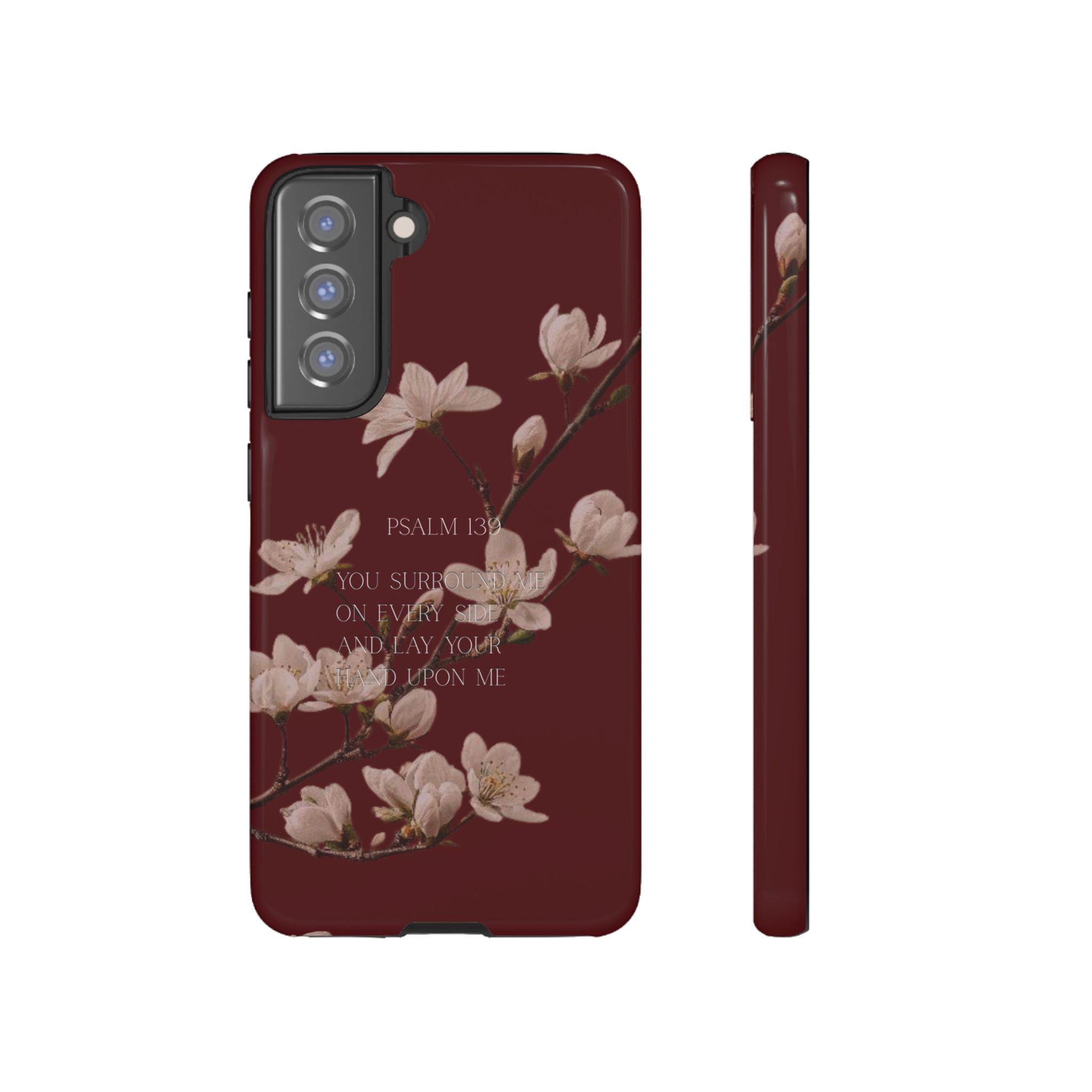Floral Psalm Tough Phone Case — Burgundy Magnolia Branch with Psalm 139 Verse