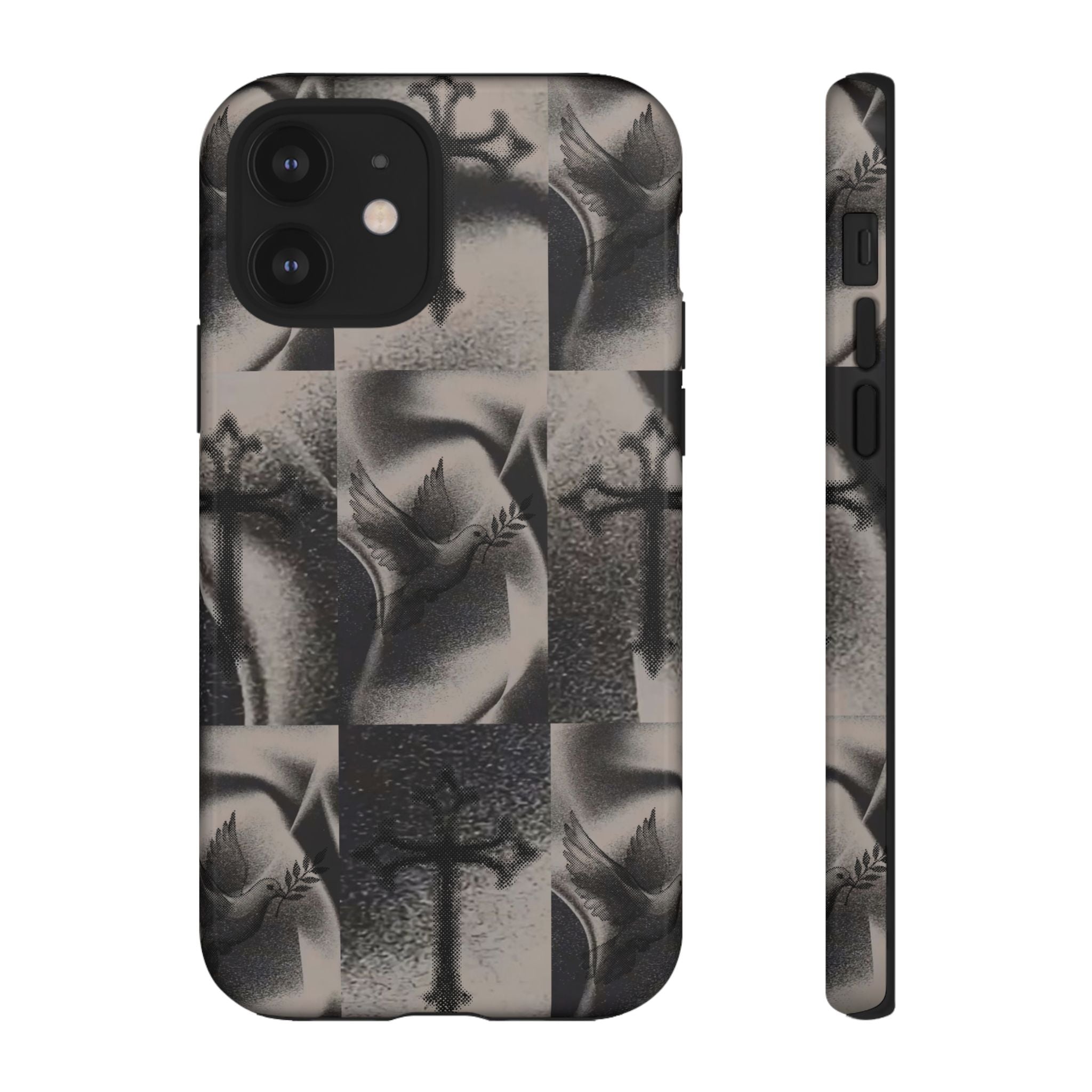 Gothic Cross & Dove Phone Case — Moody Checkerboard Protective Case