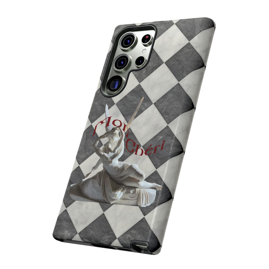 Phone Case — Vintage Harlequin Design with 'Mon Cheri' Statue Accent