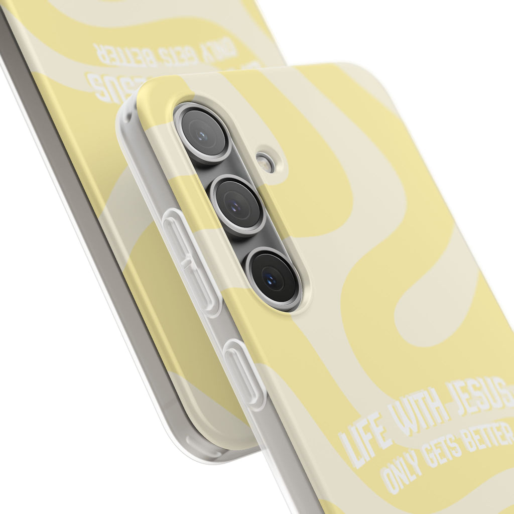 Christian Phone Case - "Life With Jesus Only Gets Better" Yellow Swirl Flexi Case