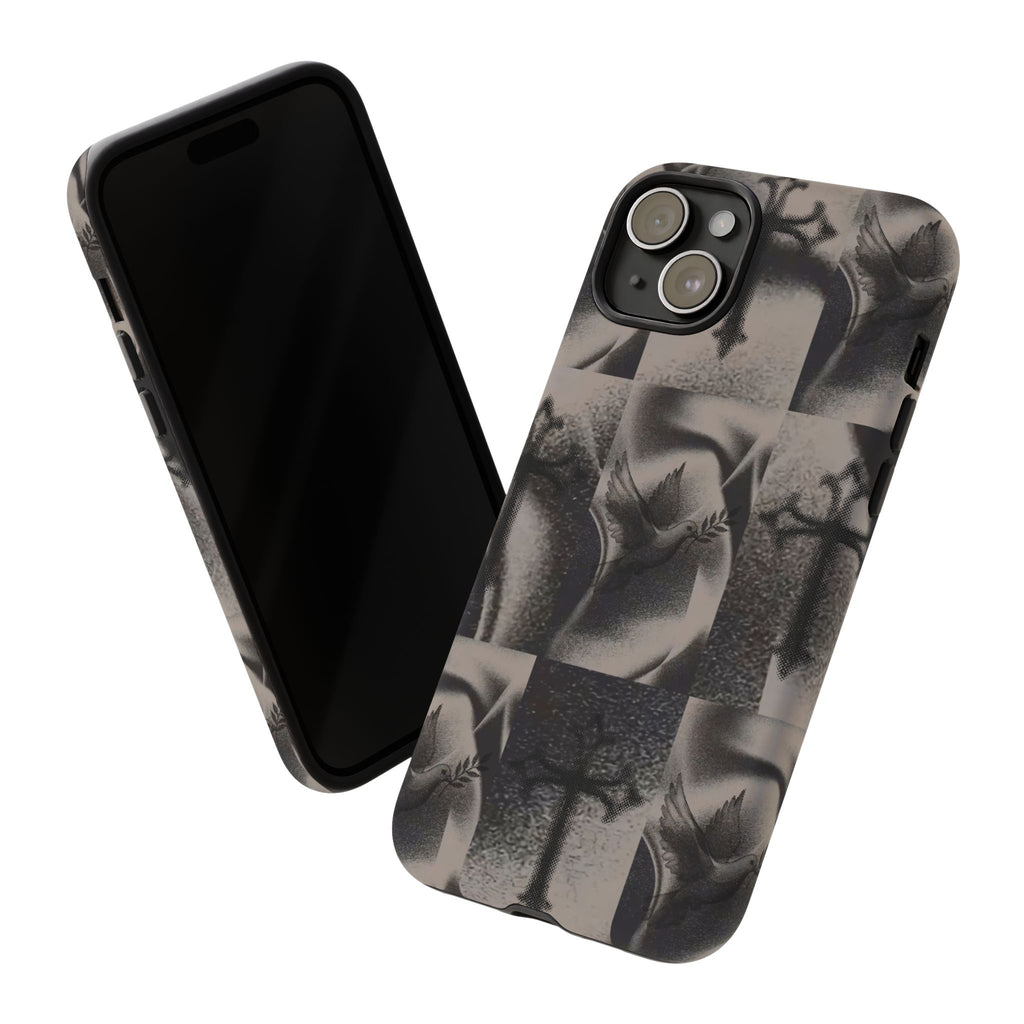 Gothic Cross & Dove Phone Case — Moody Checkerboard Protective Case