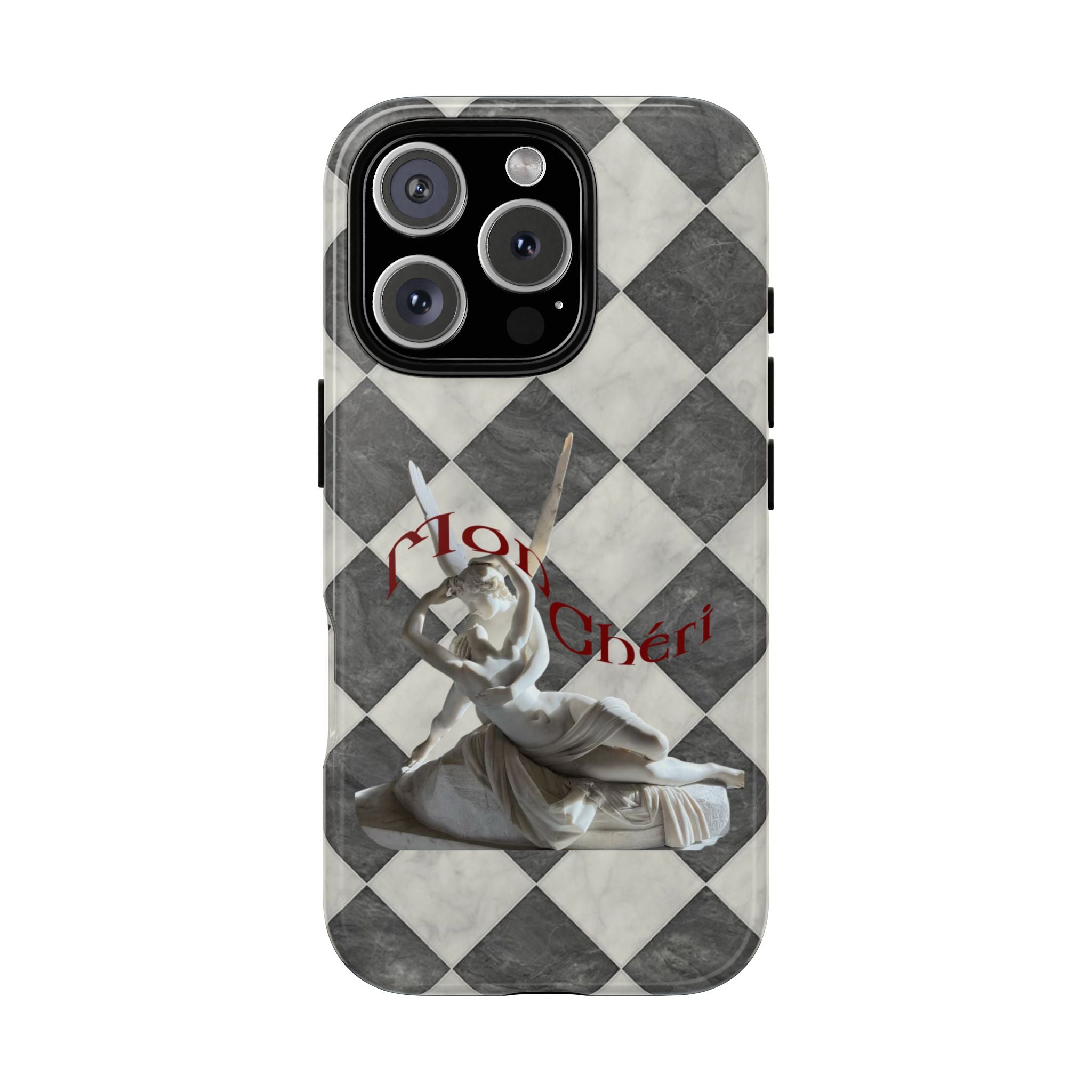 Phone Case — Vintage Harlequin Design with 'Mon Cheri' Statue Accent