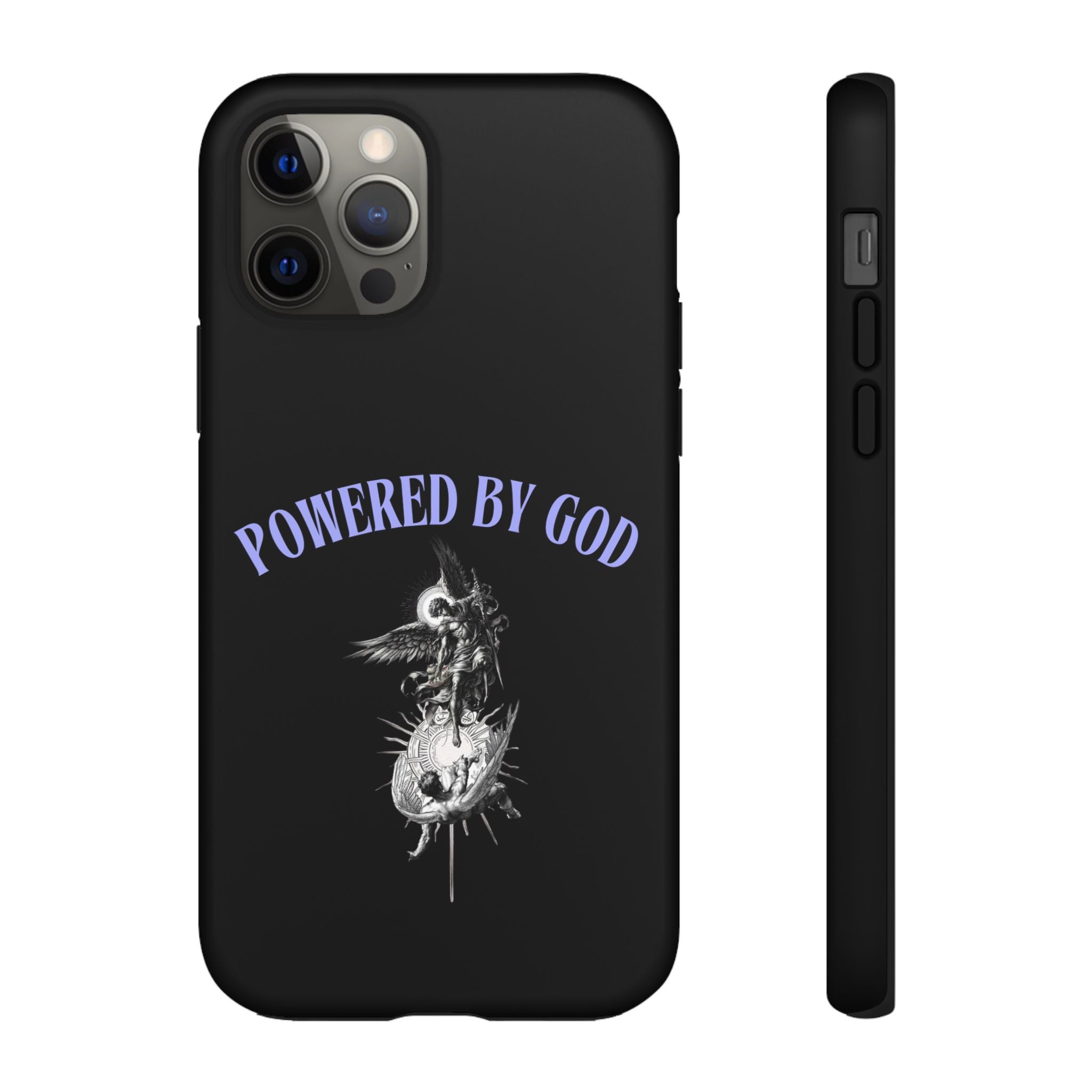 Phone Case — "Powered by God" Black Protective Case with Angelic Skull Design