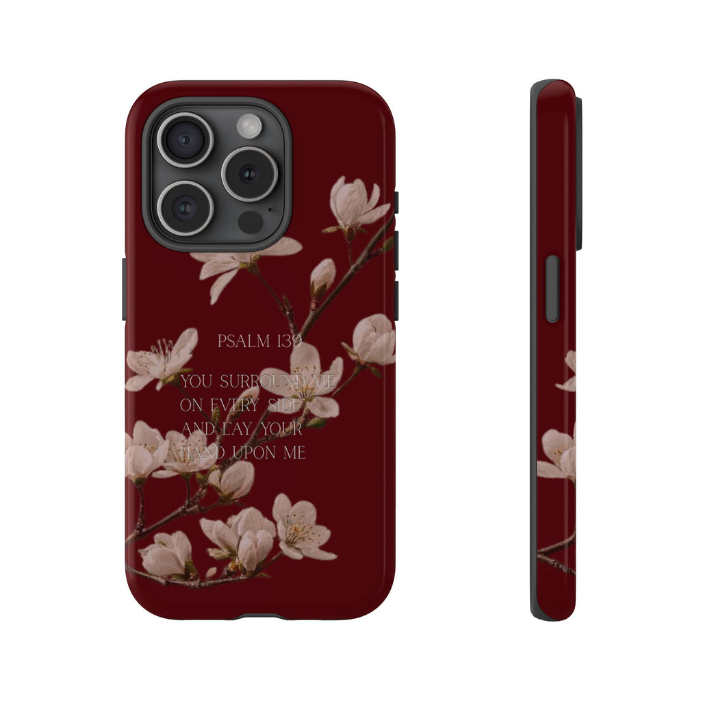 Floral Psalm Tough Phone Case — Burgundy Magnolia Branch with Psalm 139 Verse
