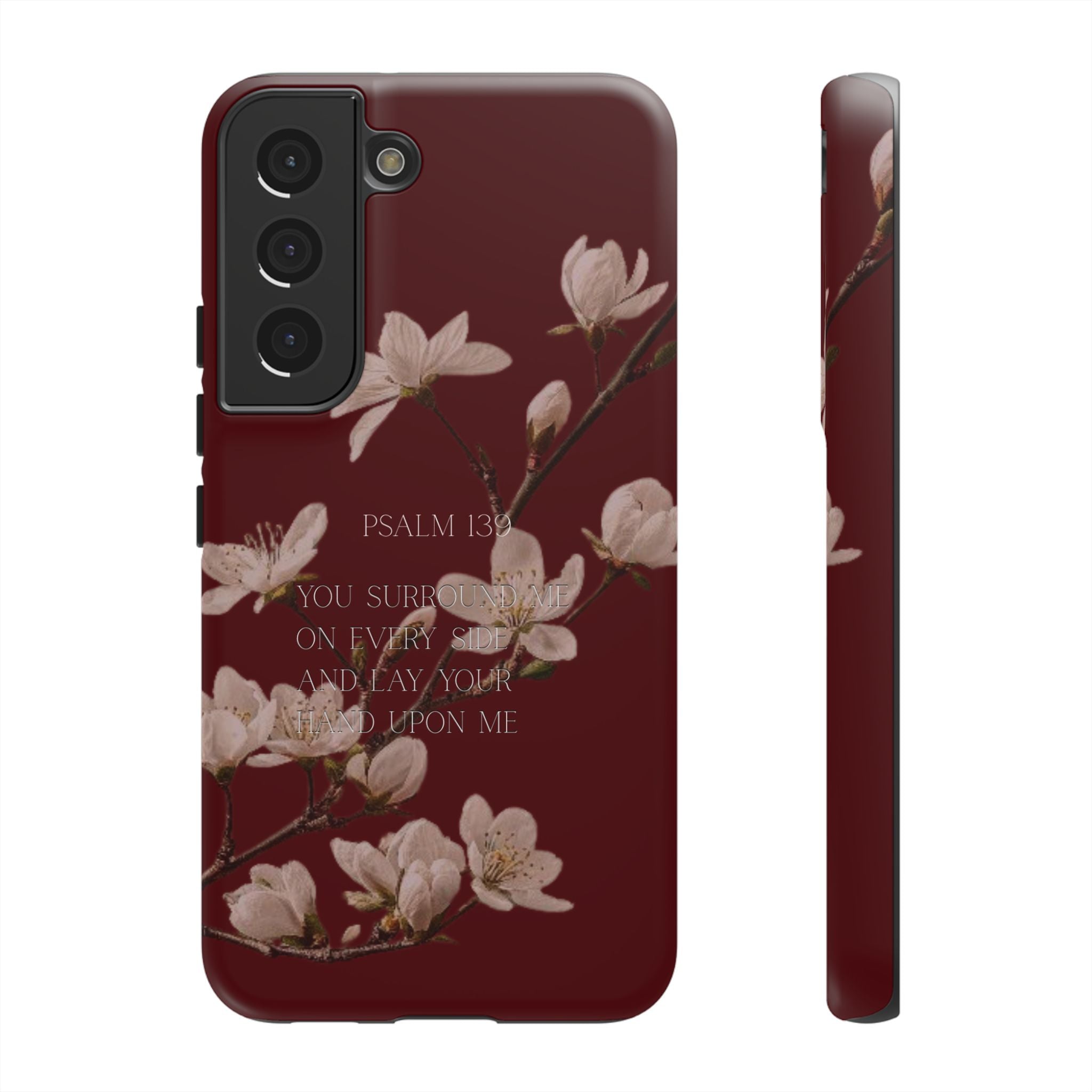 Floral Psalm Tough Phone Case — Burgundy Magnolia Branch with Psalm 139 Verse