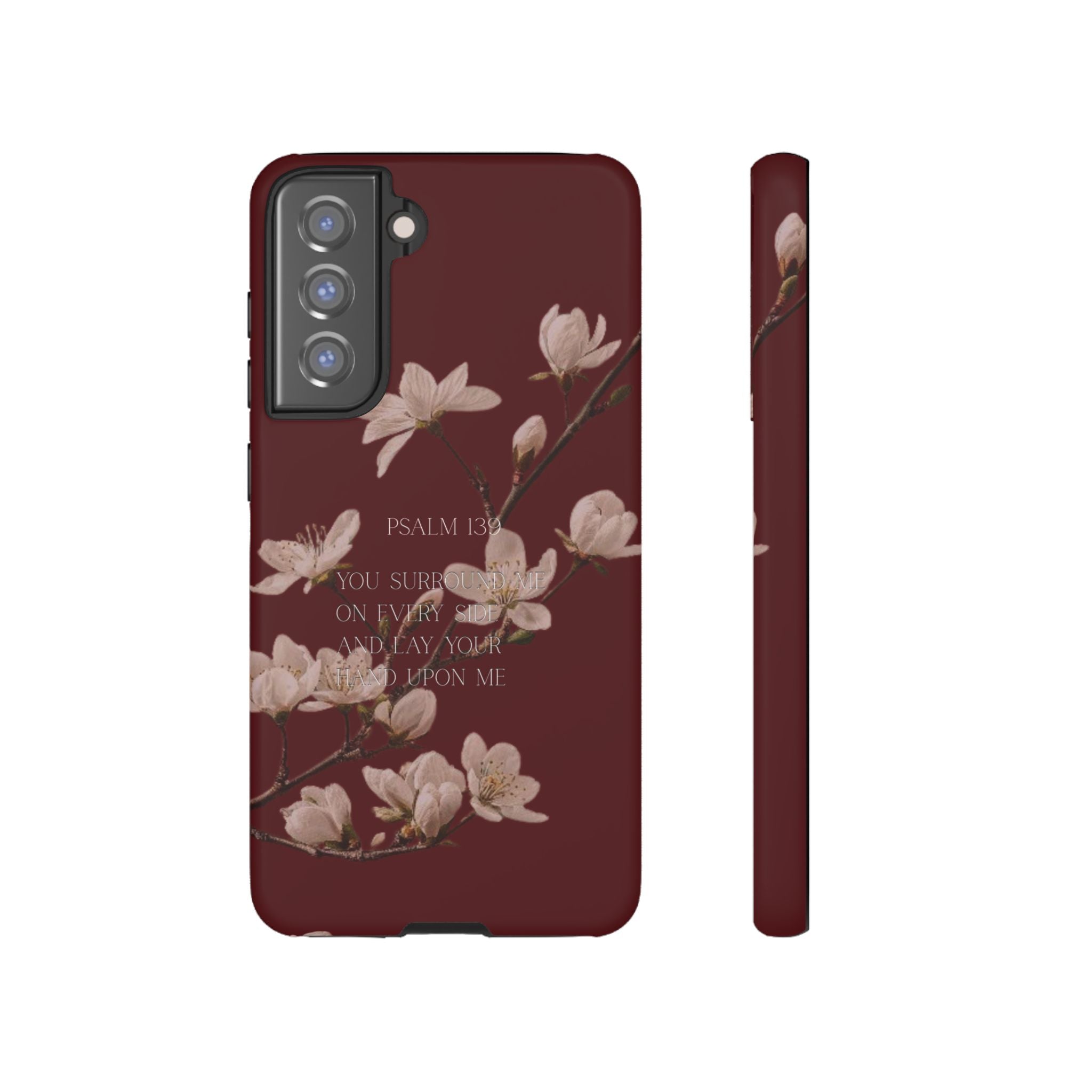 Floral Psalm Tough Phone Case — Burgundy Magnolia Branch with Psalm 139 Verse