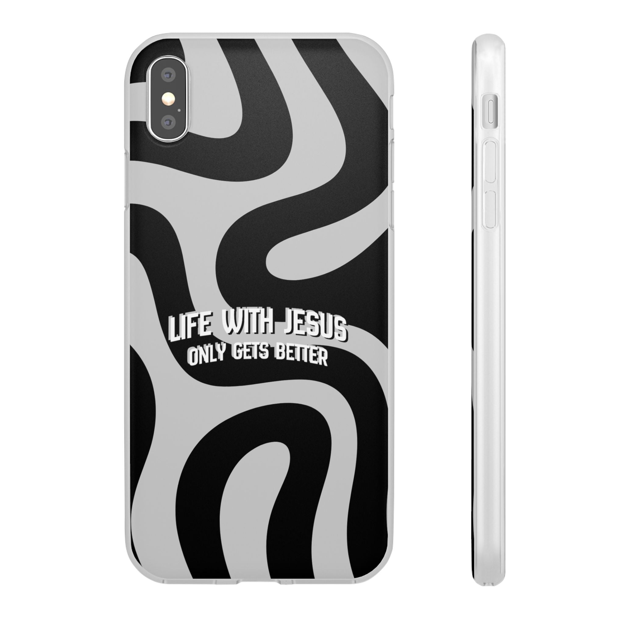 Religious Phone Case — "Life With Jesus Only Gets Better" Black & White Swirl Flexi Case