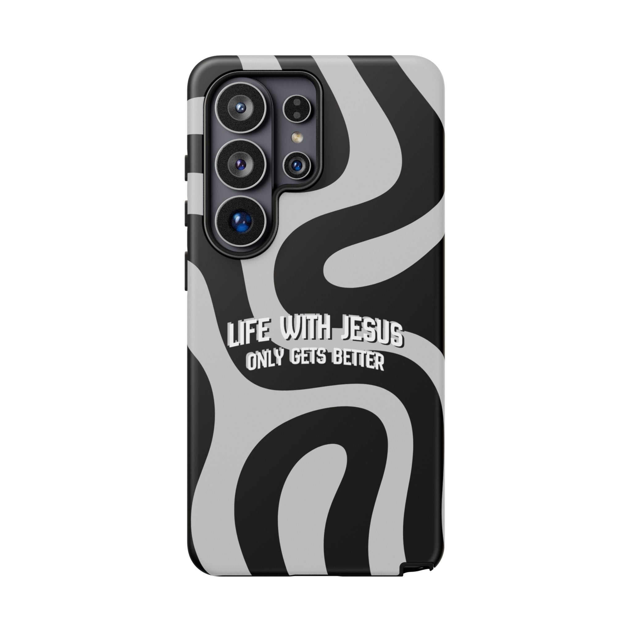 Christian iPhone Tough Case — "Life With Jesus Only Gets Better" Black & White Swirl Design