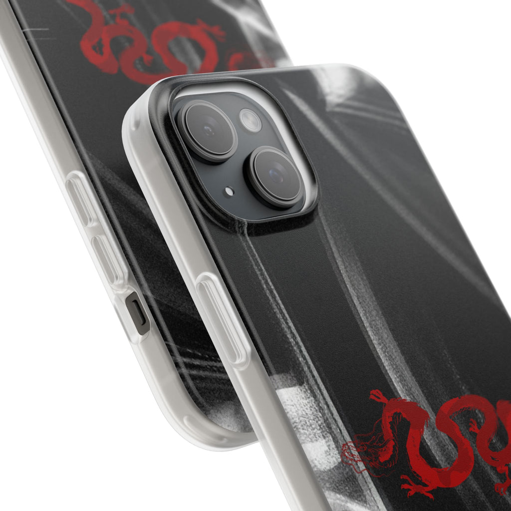 Flexi Phone Case — Black Smoke Background with Red Dragon