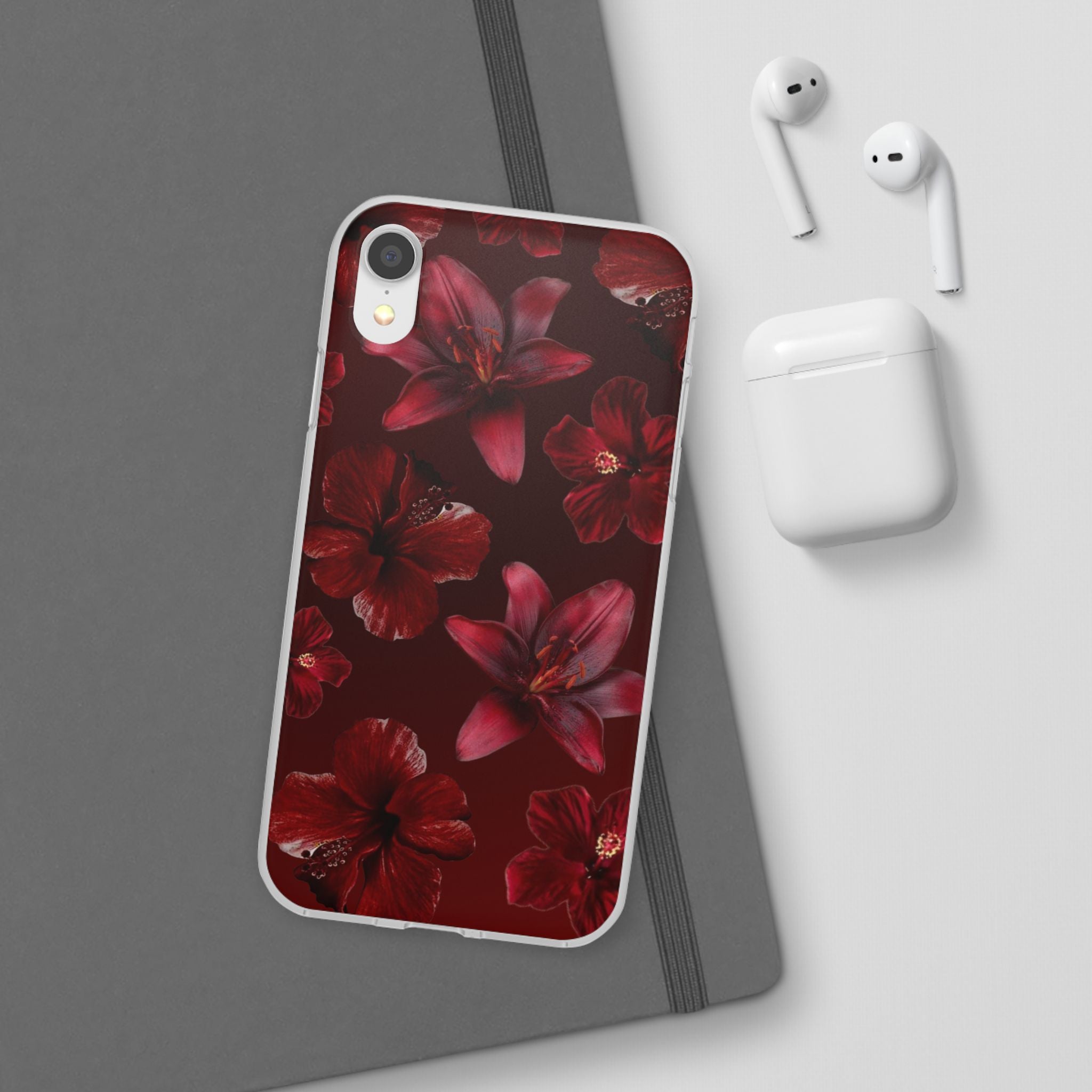 Red Floral Flexi Phone Case – Dark Burgundy Lily Pattern