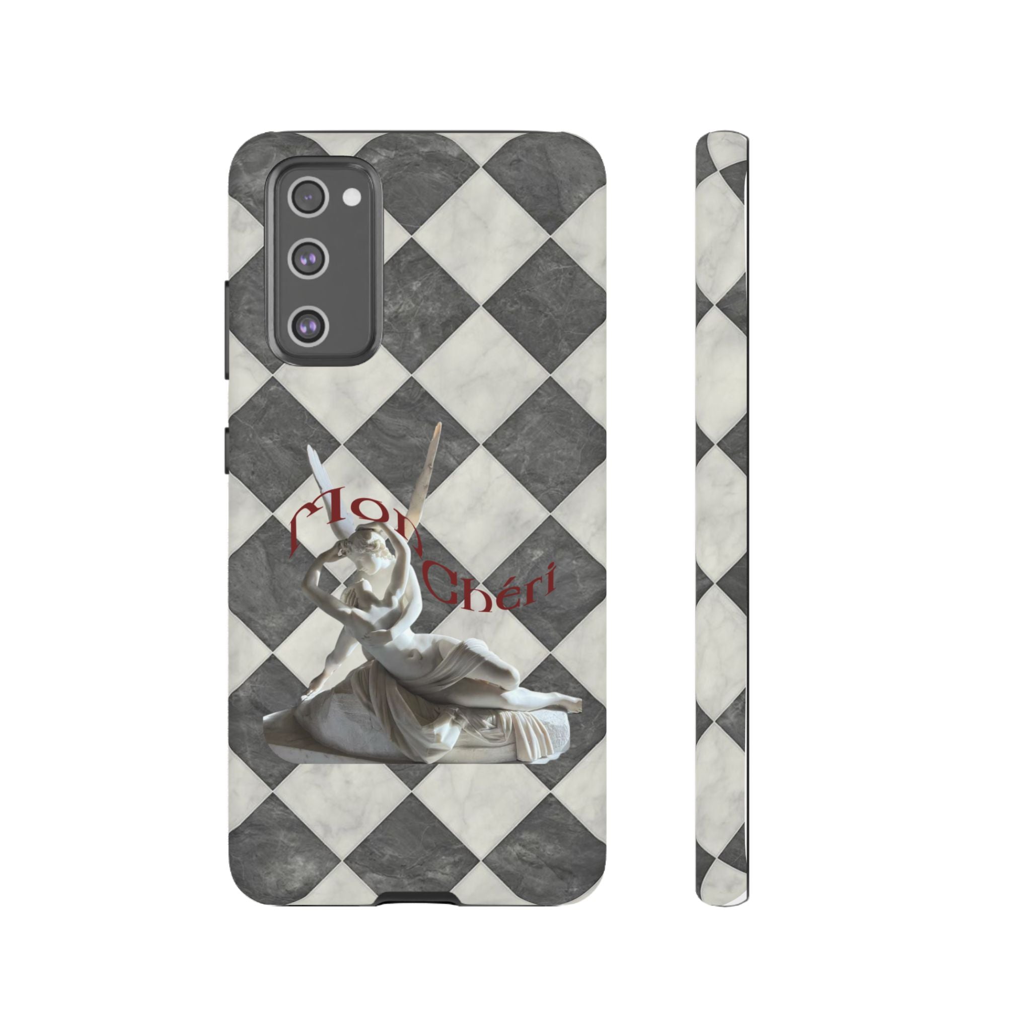 Phone Case — Vintage Harlequin Design with 'Mon Cheri' Statue Accent