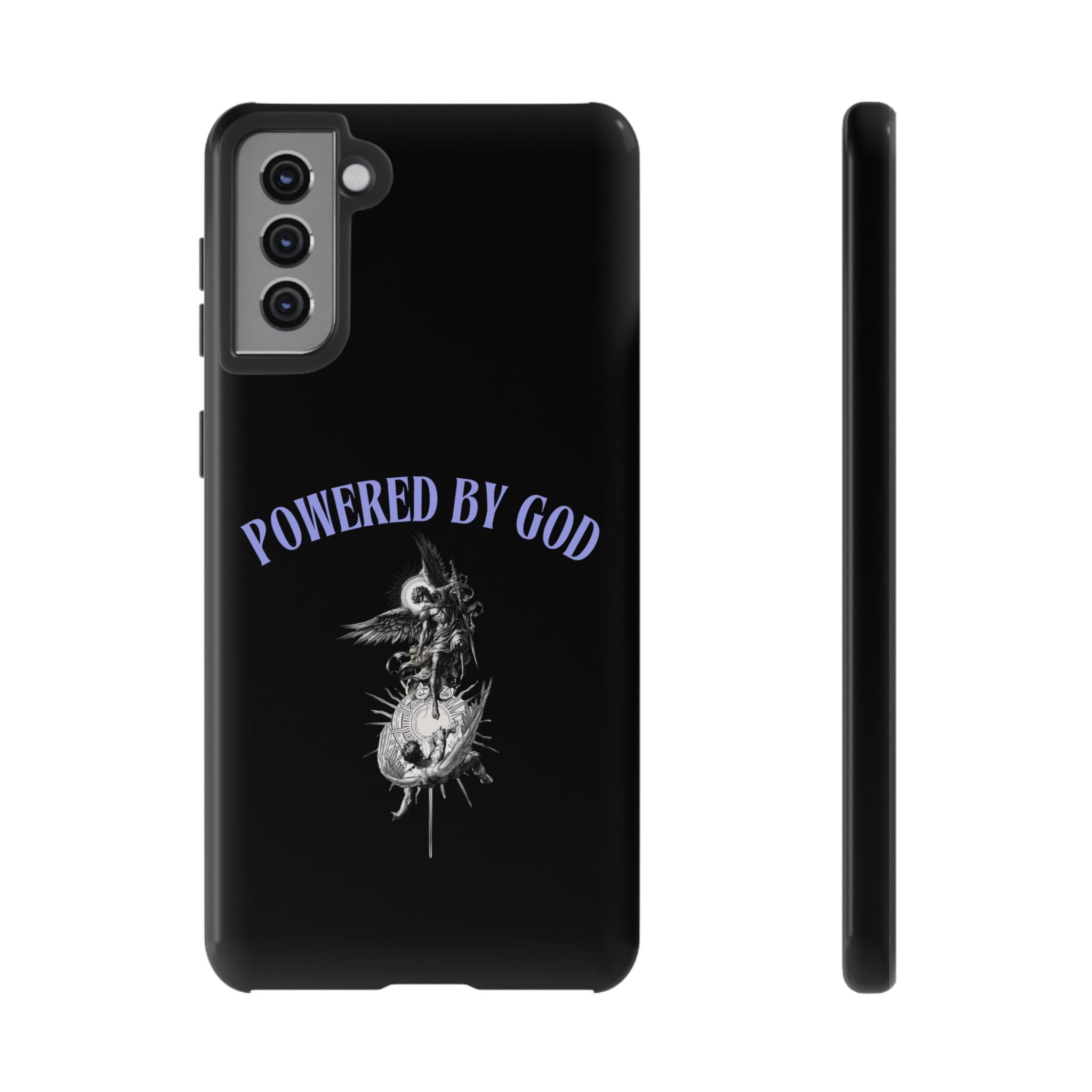 Phone Case — "Powered by God" Black Protective Case with Angelic Skull Design