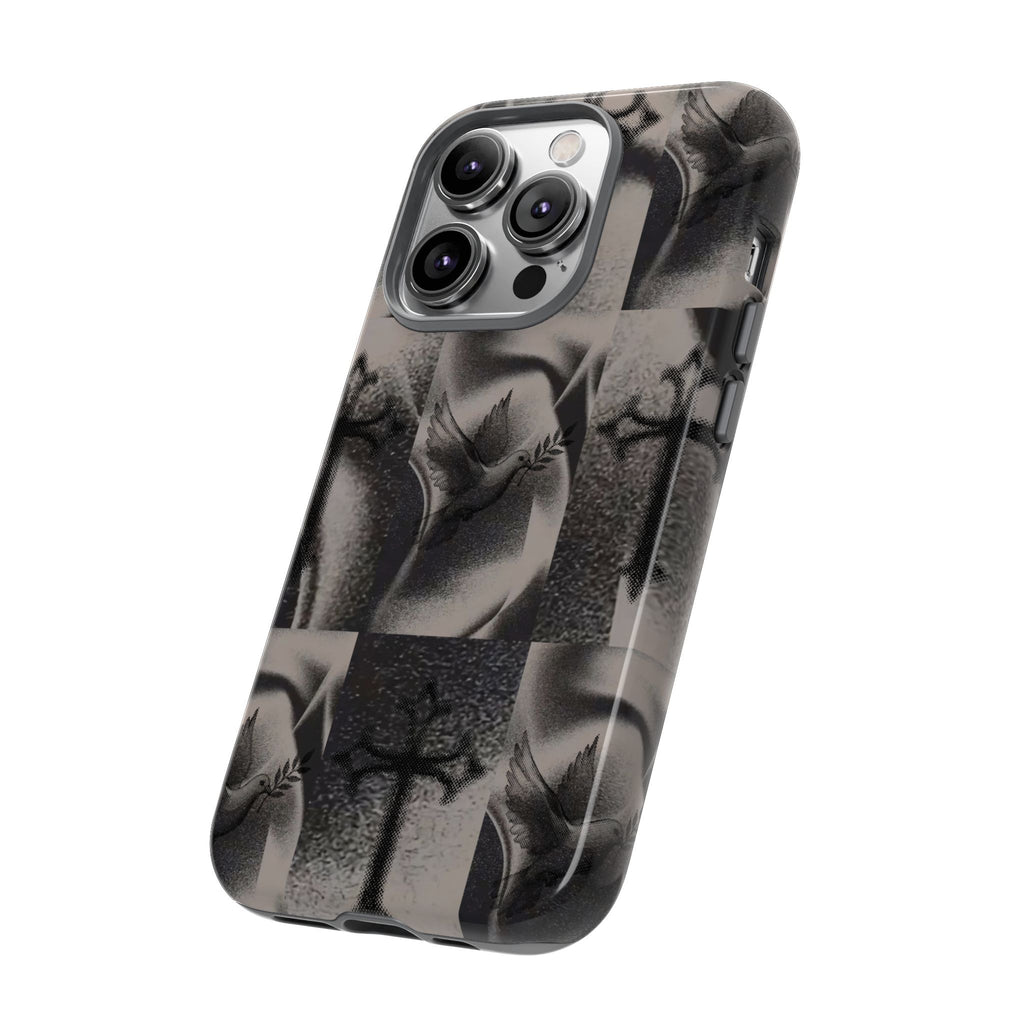 Gothic Cross & Dove Phone Case — Moody Checkerboard Protective Case