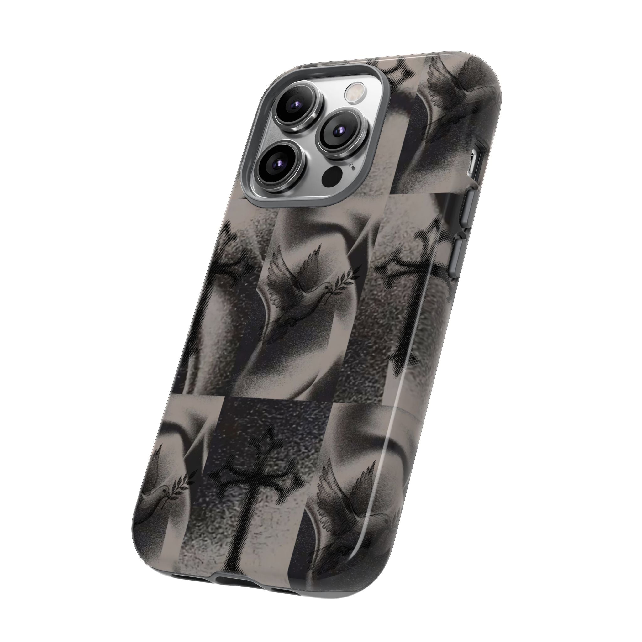 Gothic Cross & Dove Phone Case — Moody Checkerboard Protective Case