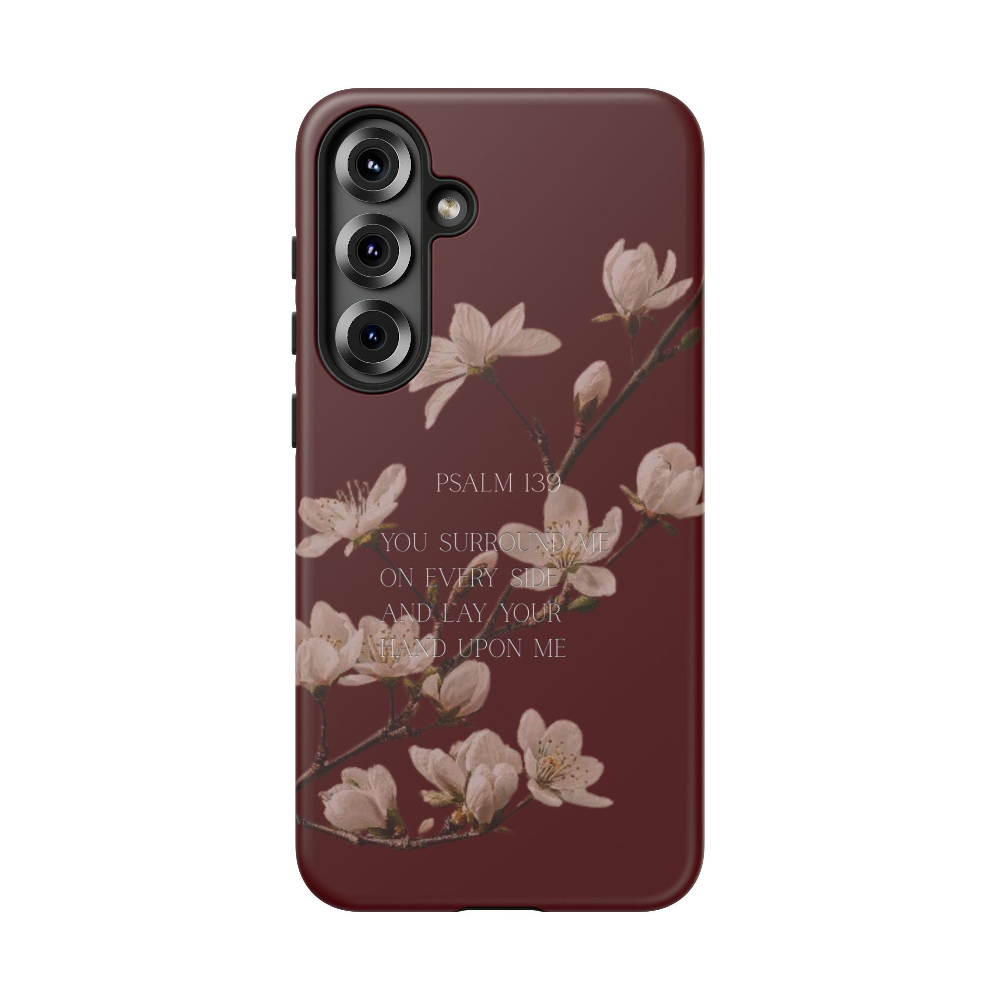 Floral Psalm Tough Phone Case — Burgundy Magnolia Branch with Psalm 139 Verse